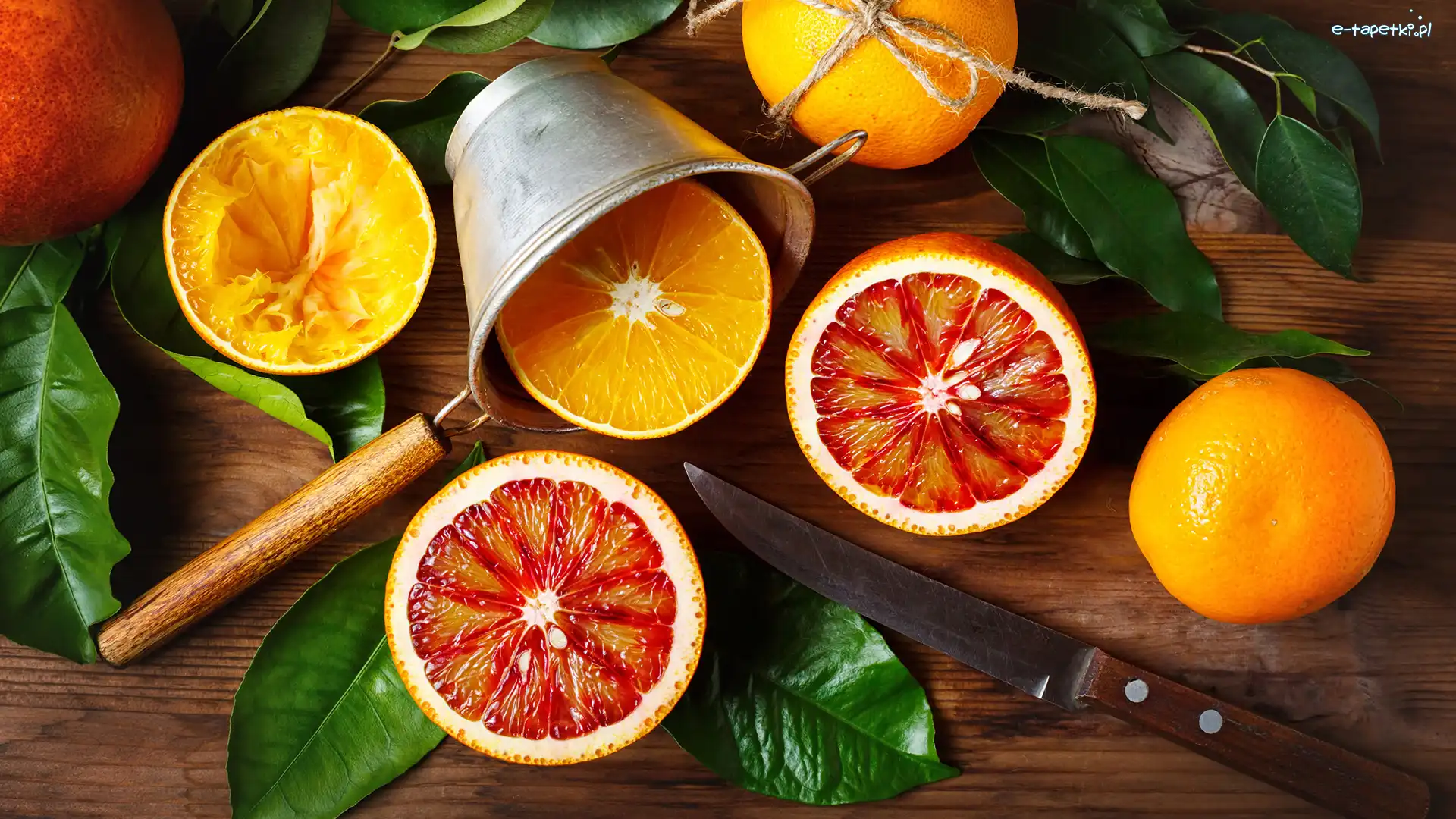 Pomarańcze, Nóż, Grejpfruty, Liście, Cedzak