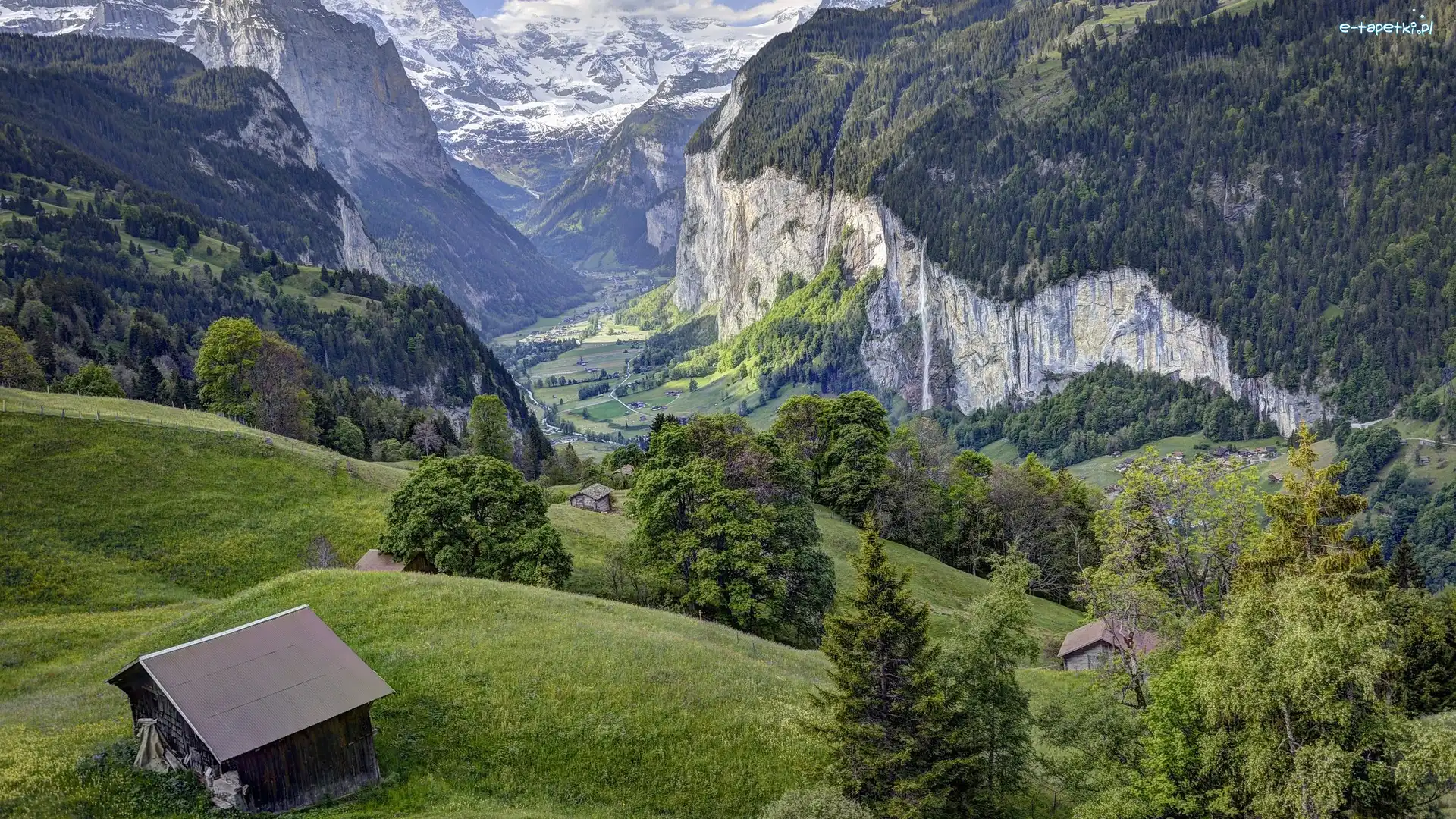 Szwajcaria, Dolina Lauterbrunnental, Góry Alpy Berneńskie, Domy, Drzewa