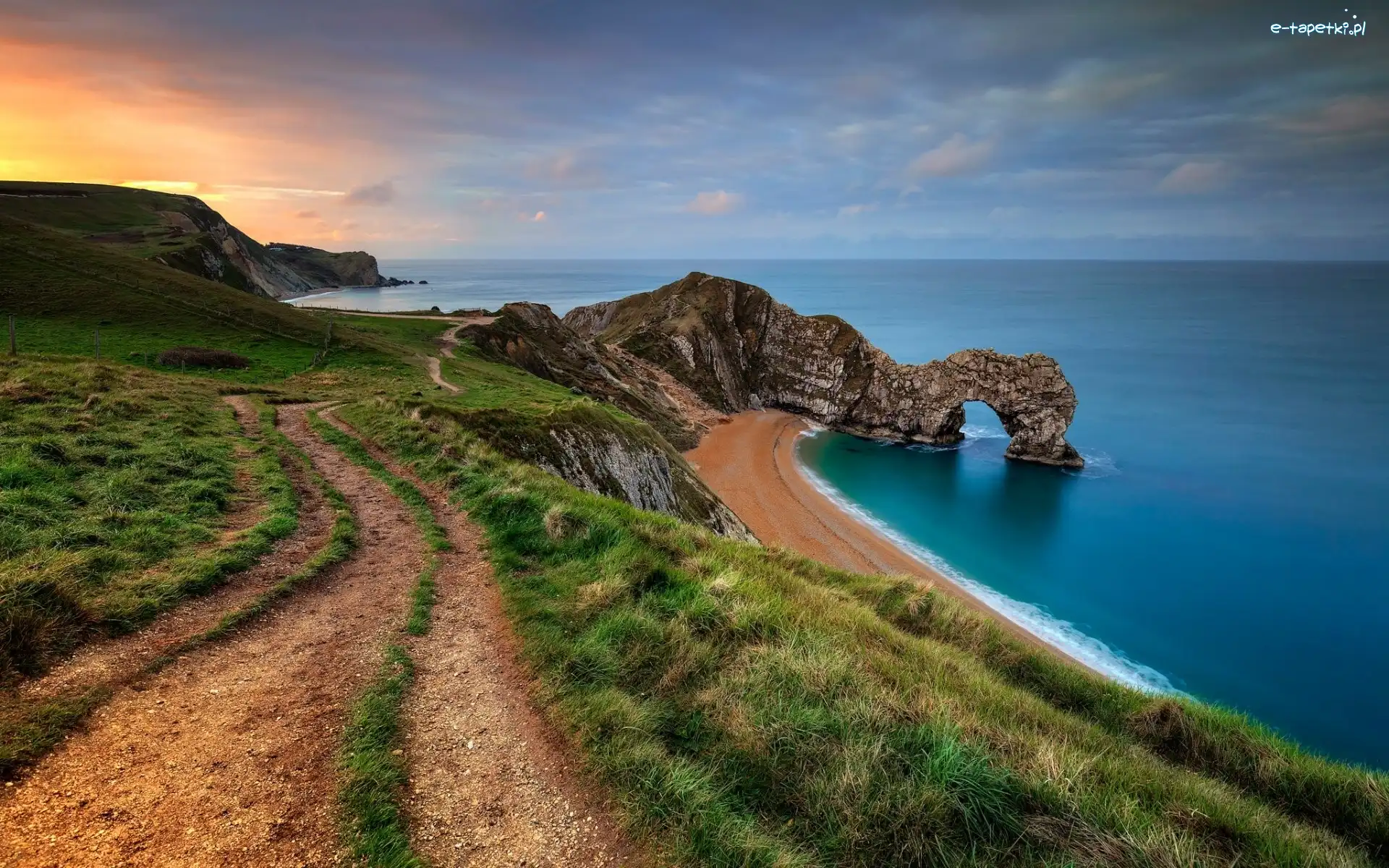 Zachód słońca, Wybrzeże Jurajskie, Skały, Morze, Anglia, Droga, Durdle Door