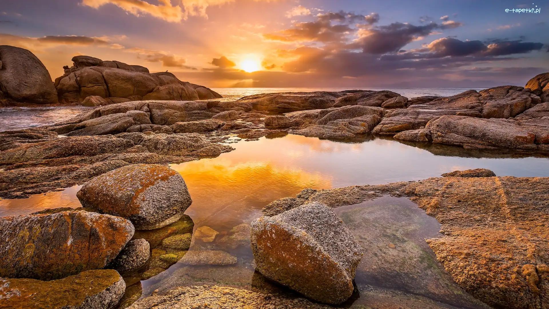 Morze, Plaża Boulders Beach, Zachód słońca, Kamienie, Półwysep Przylądkowy, Republika Południowej Afryki