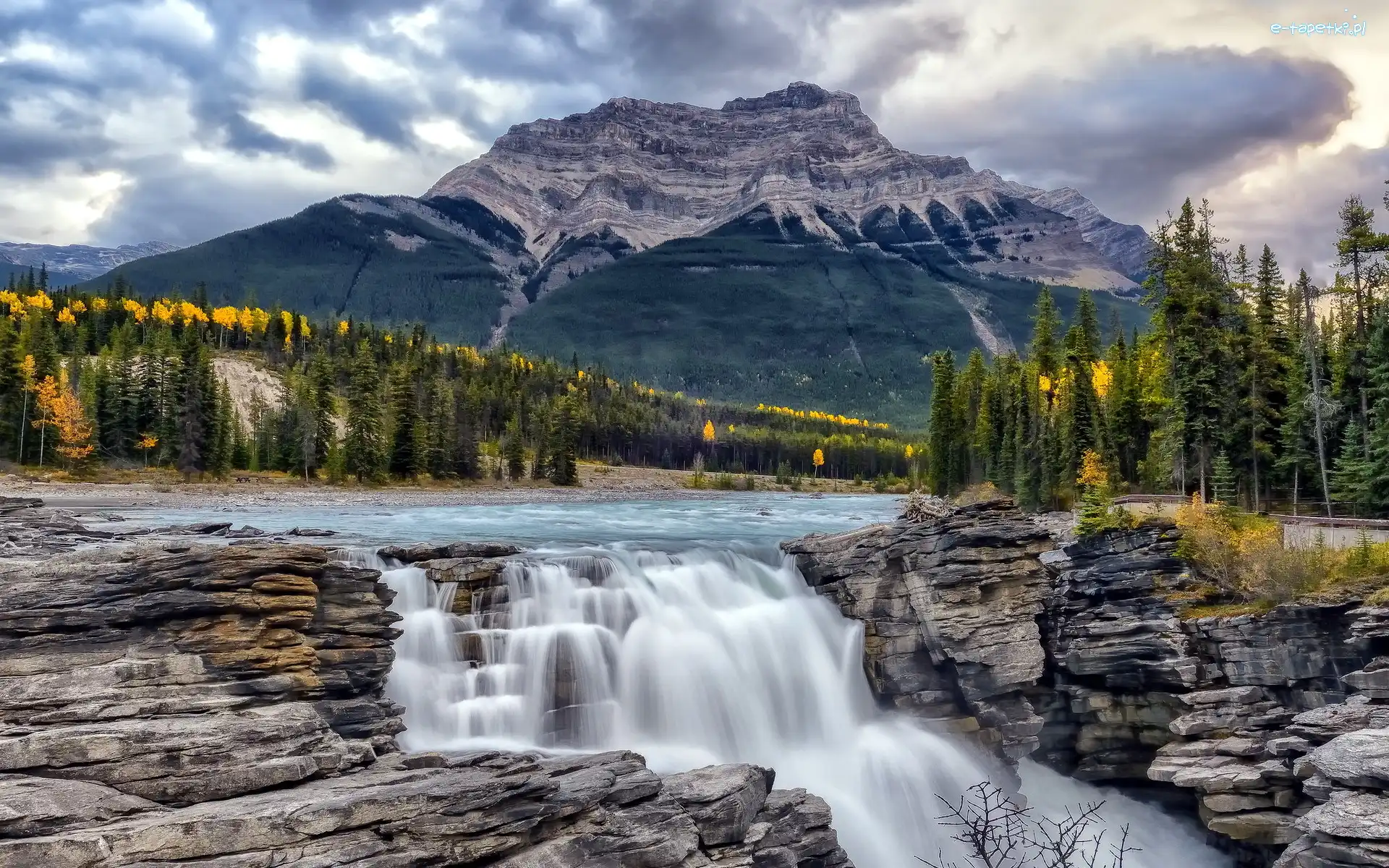 Skały, Góry, Drzewa, Park Narodowy Jasper, Kanada, Wodospad Athabasca Falls, Rzeka Athabasca