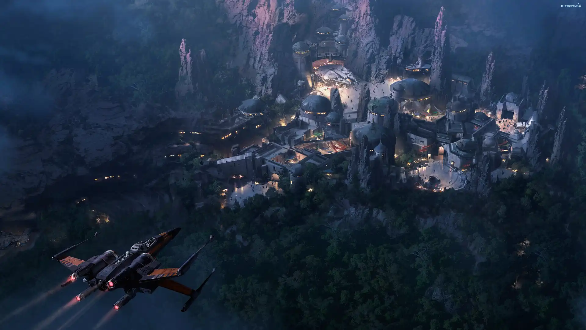Disneyland, Star Wars Land, Projekt, Inspiracja, Fantasy, Grafika 3D, Statek kosmiczny, Makieta, Góry