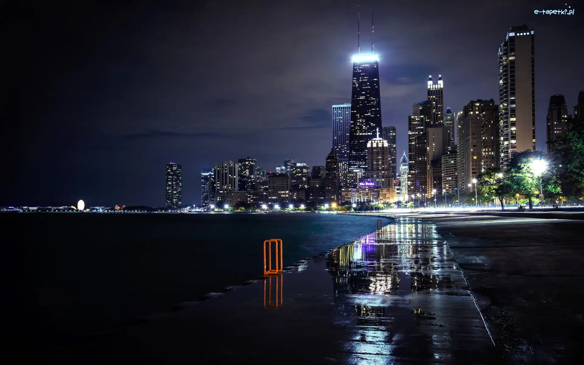 Stany Zjednoczone, Wieżowce, Chicago, Noc, Jezioro Michigan