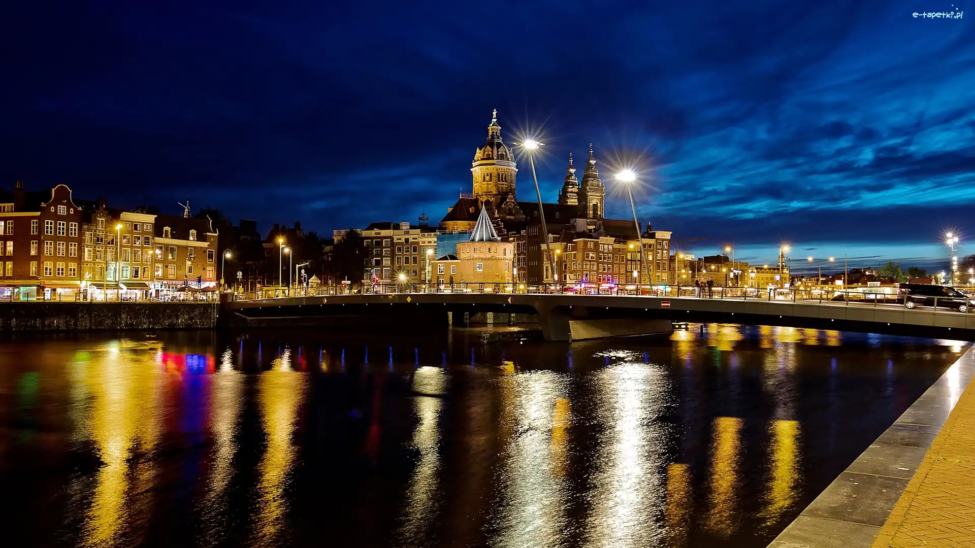 Noc, Kościół, Bazylika św Mikołaja, Amsterdam, Holandia, Most, Rzeka IJ