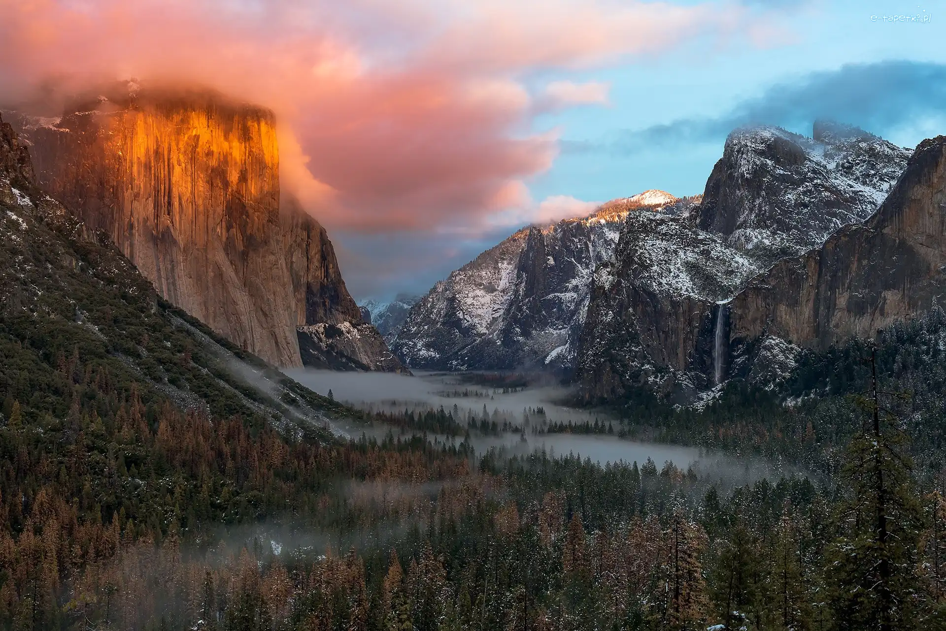 Lasy, Szczyt El Capitan, Park Narodowy Yosemite, Stan Kalifornia, Stany Zjednoczone, Chmury, Niebo, Góry, Mgła