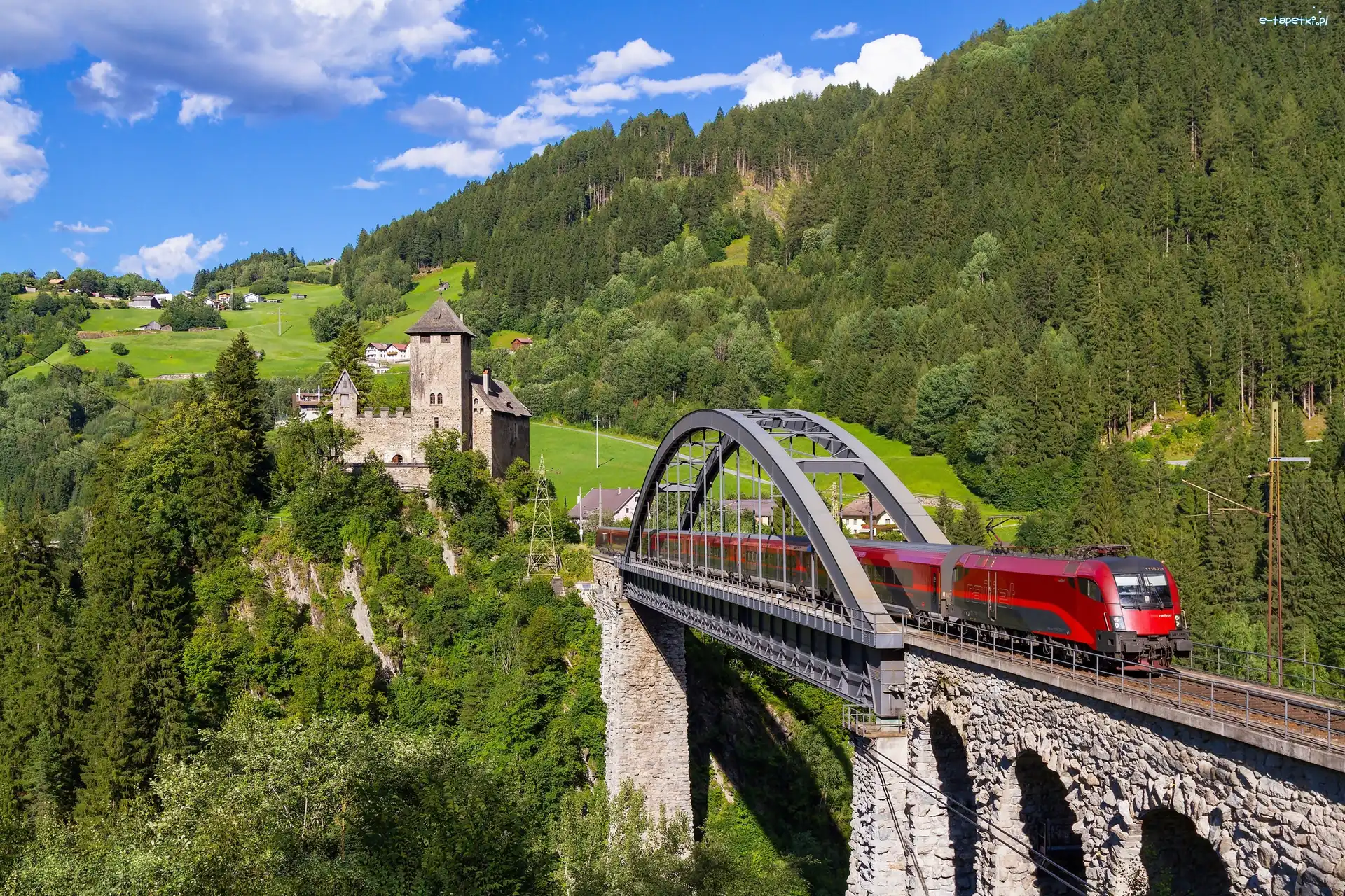Austria, Pociąg, Tyrol, Zamek Wiesberg, Most Trisanna Bridge