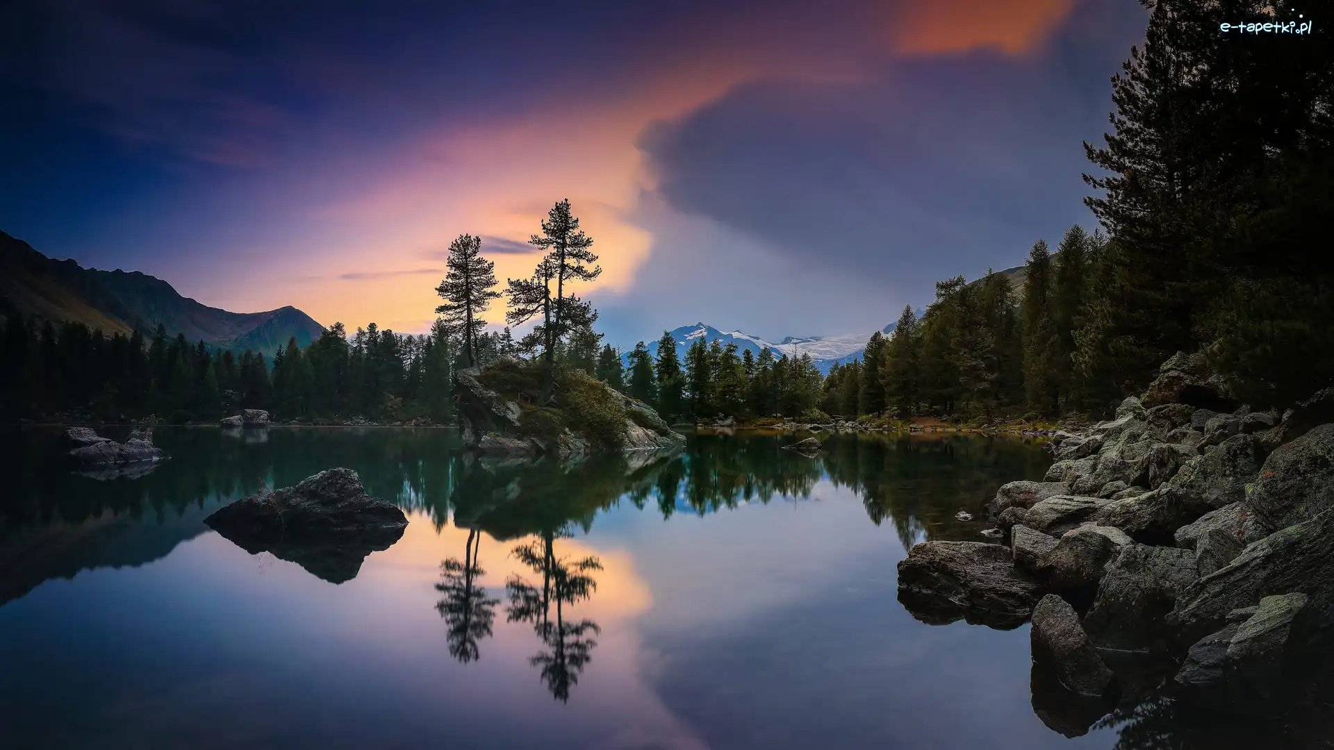 Kamienie, Jezioro Lago Nero, Góry Alpy Szwajcarskie, Pontresina, Szwajcaria, Odbicie, Drzewa