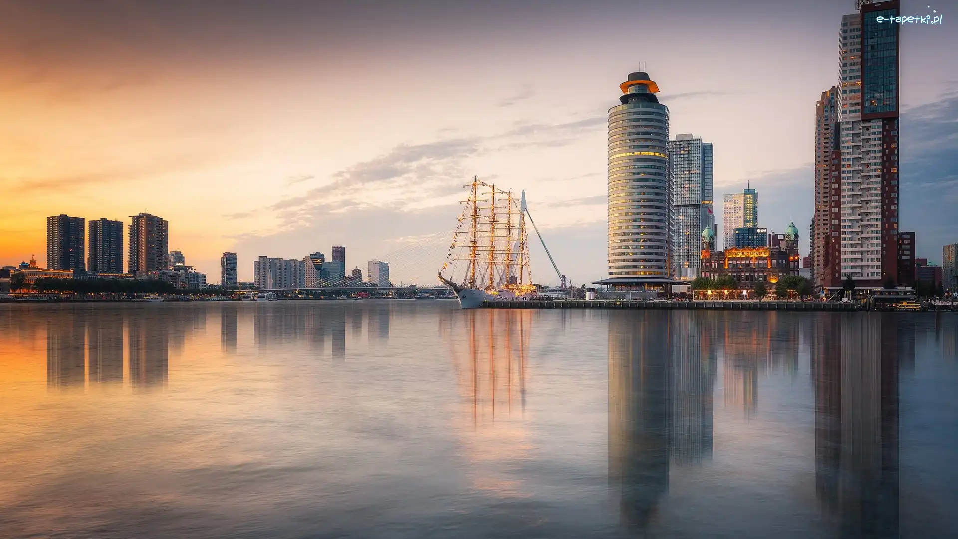 Wieżowce, Żaglowiec BAP Unión, Domy, Rzeka Moza, Rotterdam, Holandia