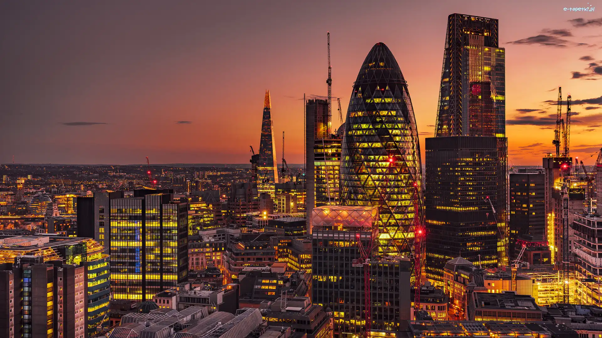Wieżowiec 30 St Mary Axe, City of London, Panorama miasta, Zachód słońca, Londyn, Anglia