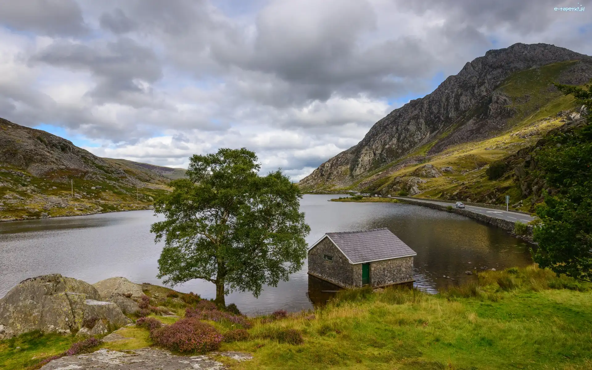 Droga, Park Narodowy Snowdonia, Góry, Walia, Wielka Brytania, Drzewa, Jezioro Llyn Ogwen
