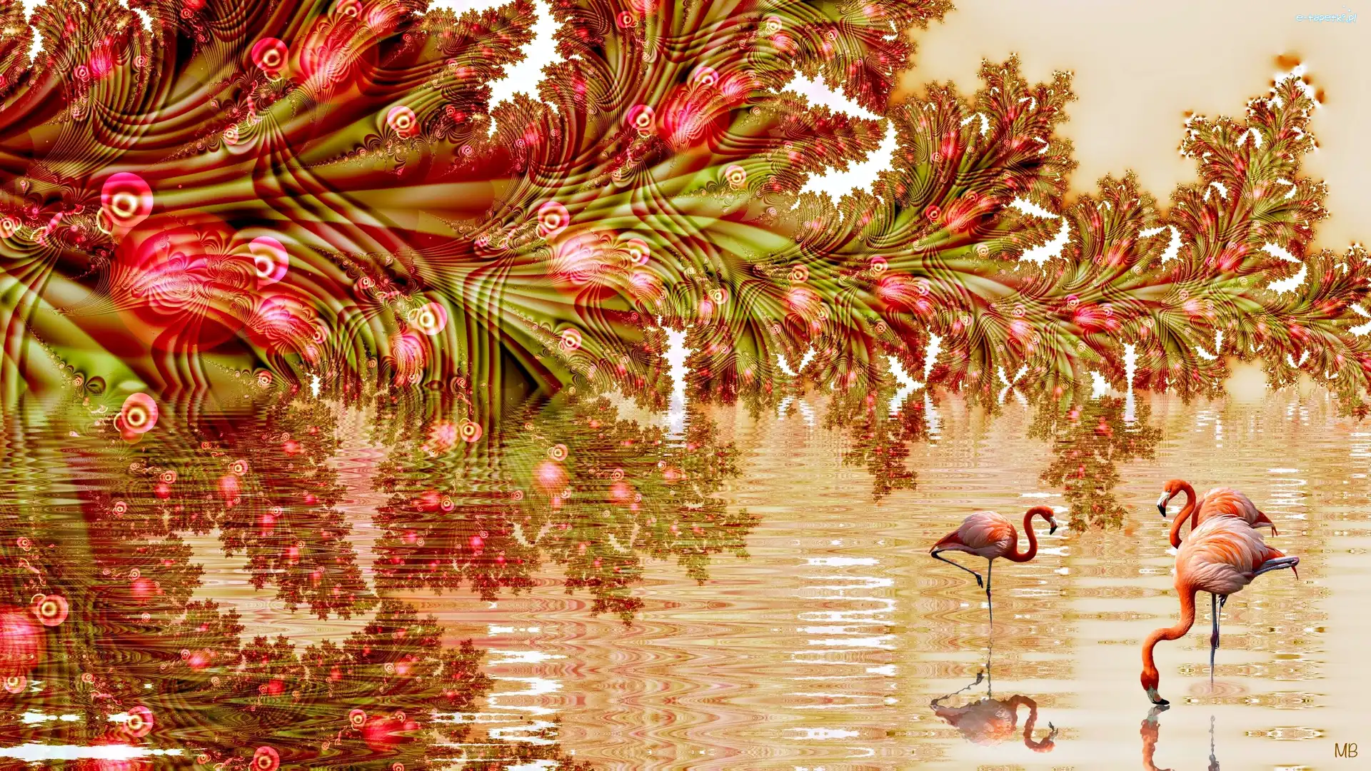Kwiaty, Flamingi, Woda, Grafika 2D, Odbicie