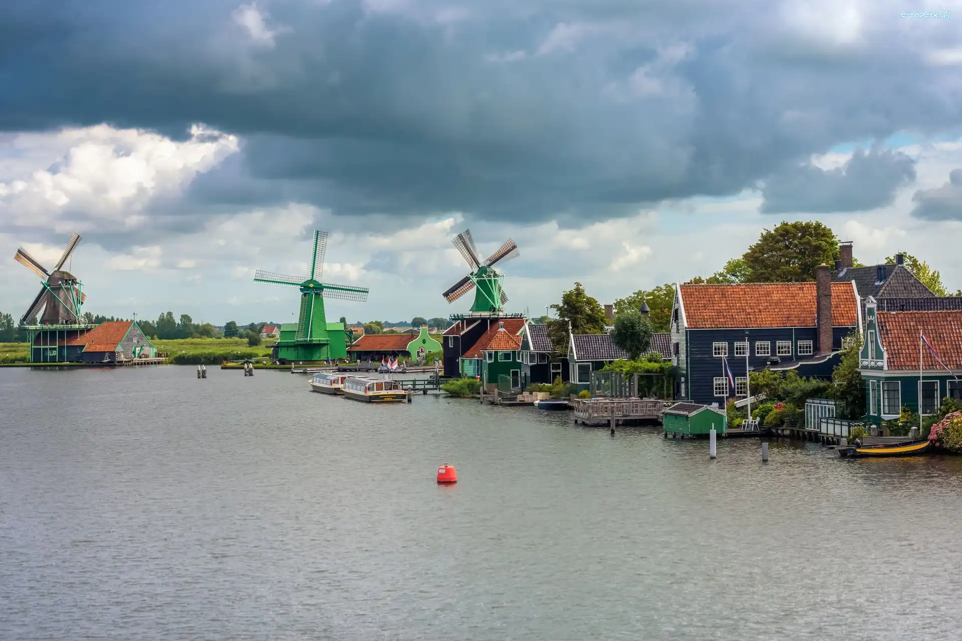 Wiatraki, Skansen Zaanse Schans, Rzeka Zaan, Domy, Zaandam, Holandia