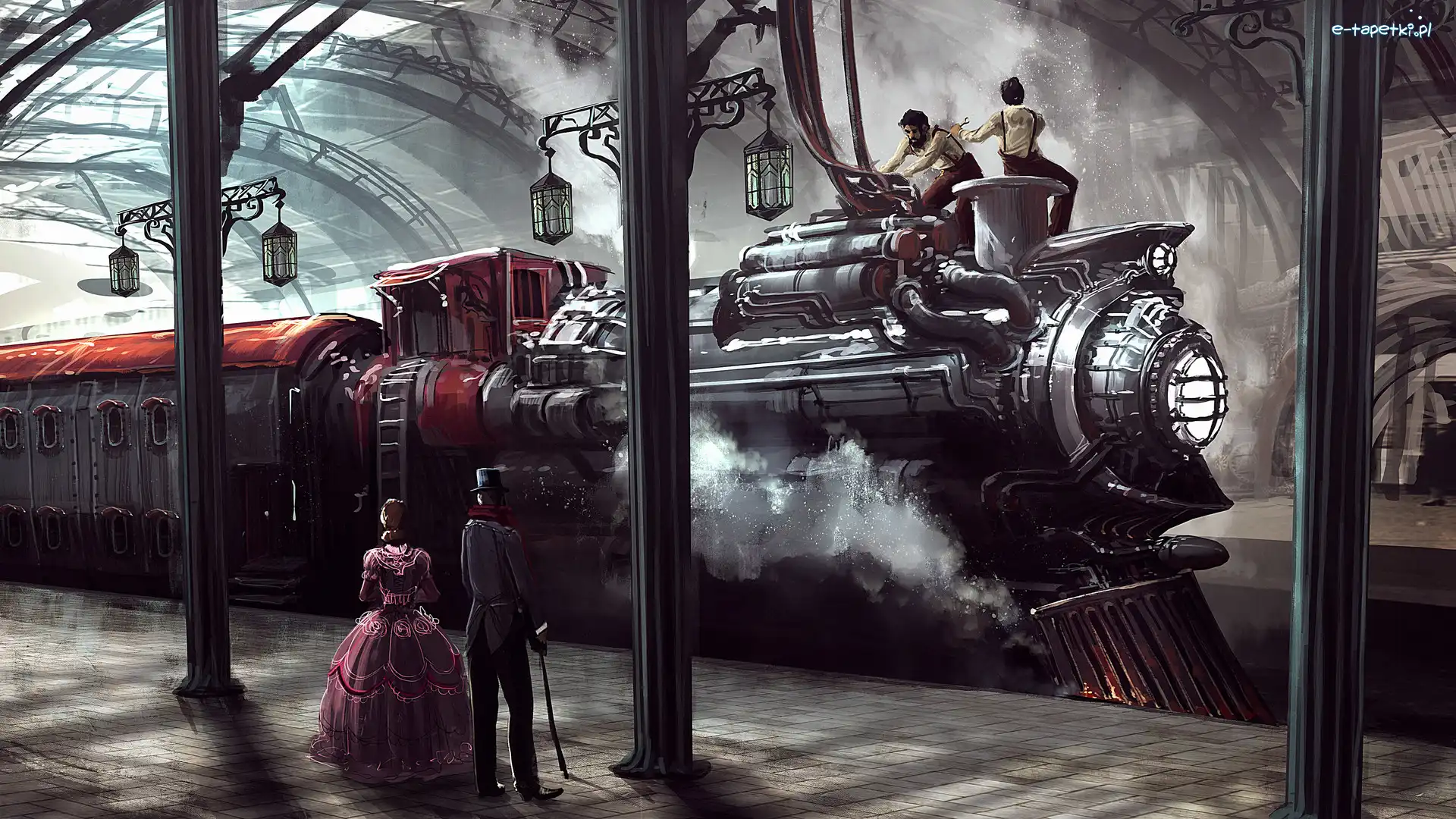 Dworzec, Pociąg, Peron, Steampunk, Lokomotywa