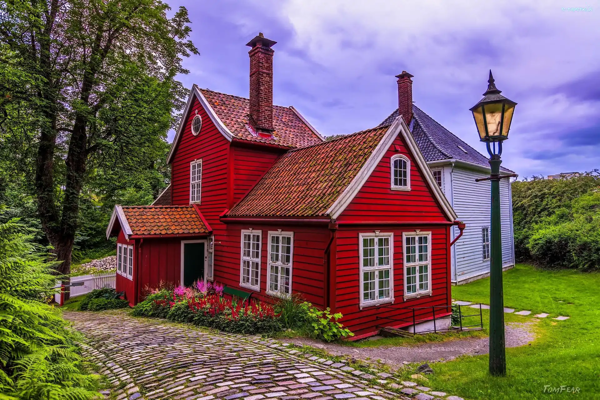 Dom, Czerwony, Skansen miejski, Bergen, Norwegia, Kwiaty, Latarnia, Old Bergen Museum - Bergen City Museum, Droga