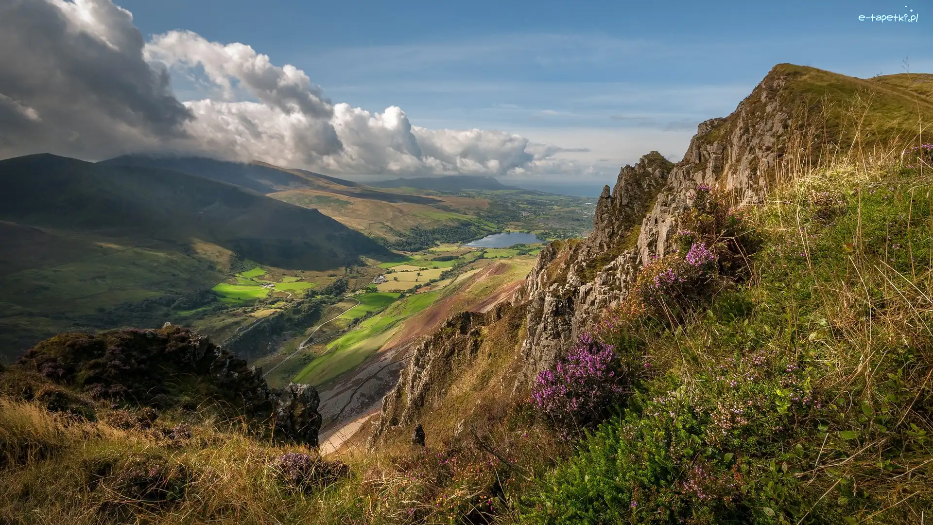 Góry, Dolina Nantlle Valley, Chmury, Dolina, Park Narodowy Snowdonia, Szczyt Mynydd Mawr, Rośliny, Walia