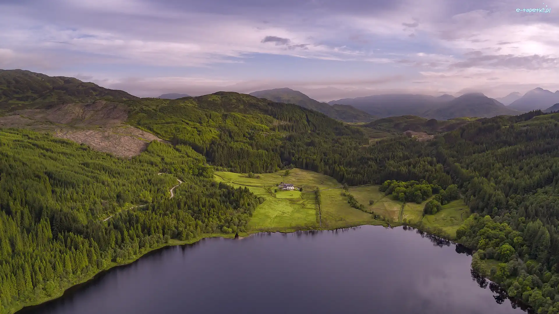 Góry, Jezioro Loch Chon, Dom, Lasy, Park Narodowy Loch Lomond and the Trossachs, Szkocja
