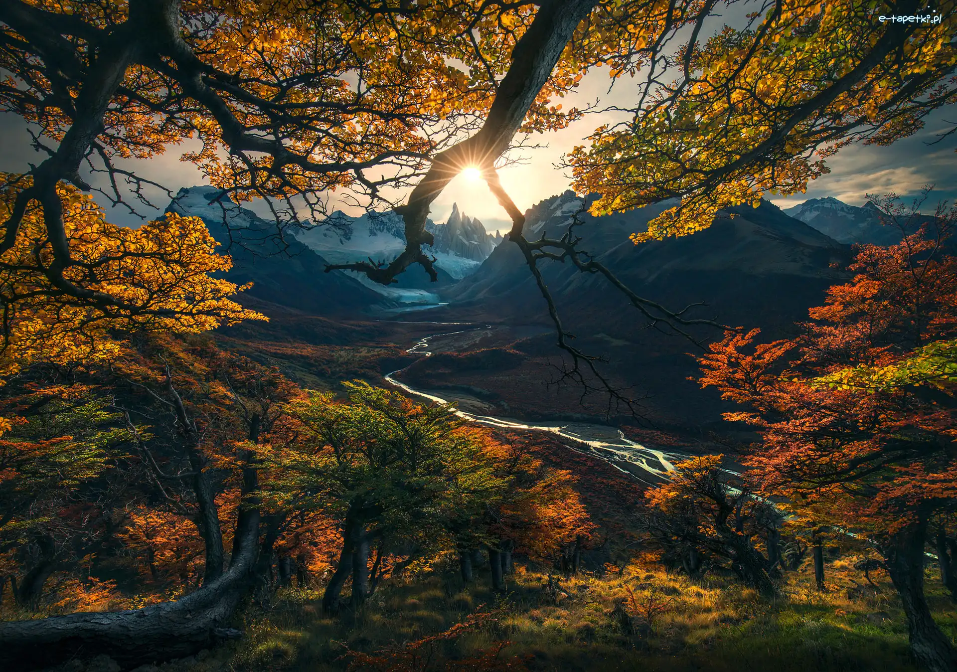 Szczyt Fitz Roy, Góry, Park Narodowy Los Glaciares, Patagonia, Argentyna, Promienie słońca, Rzeka Rio de las Vueltas, Jesień, Drzewa