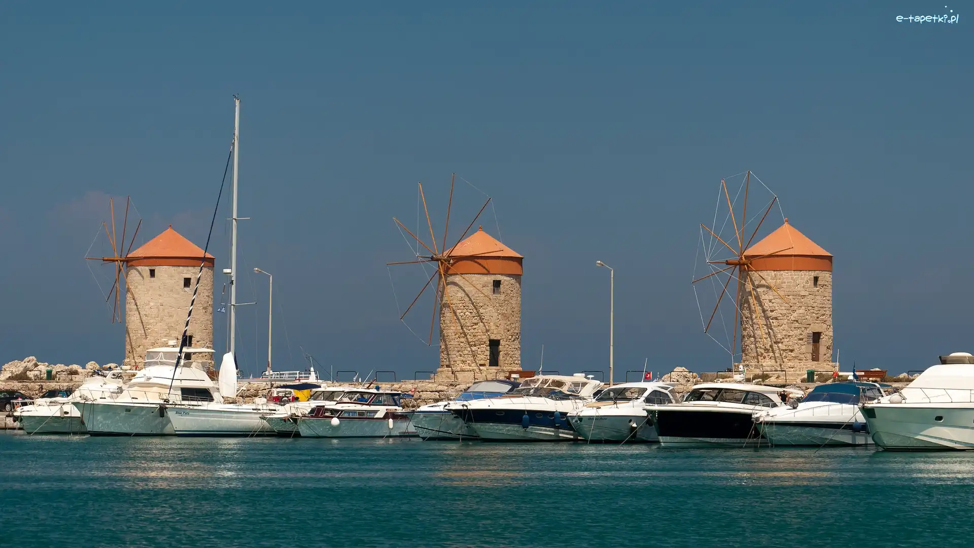 Grecja, Port jachtowy Mandraki, Wyspa Rodos, Motorówki, Wiatraki