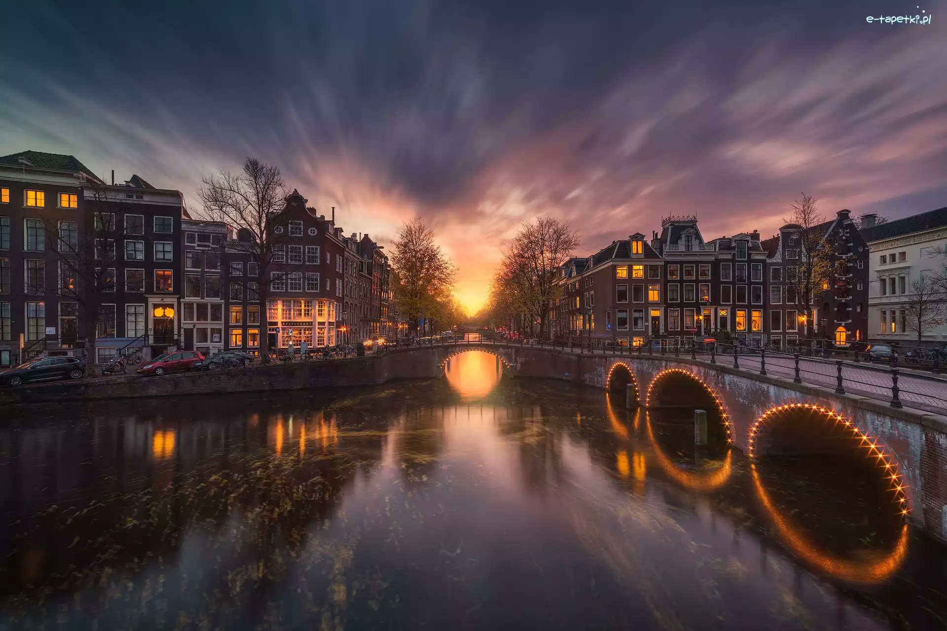 Kanał Keizersgracht, Amsterdam, Domy, Drzewa, Kanał Leidsegracht, Rzeka, Most, Holandia