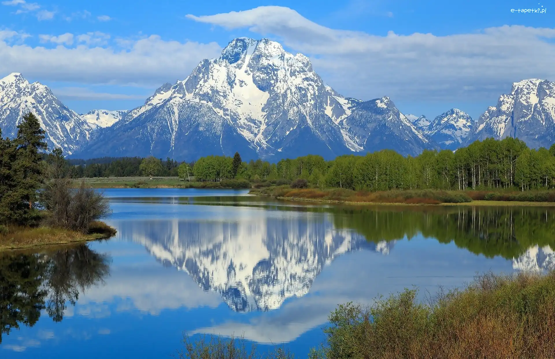 Rzeka Snake River, Stan Wyoming, Odbicie, Drzewa, Park Narodowy Grand Teton, Góry, Szczyt Mount Moran, Stany Zjednoczone