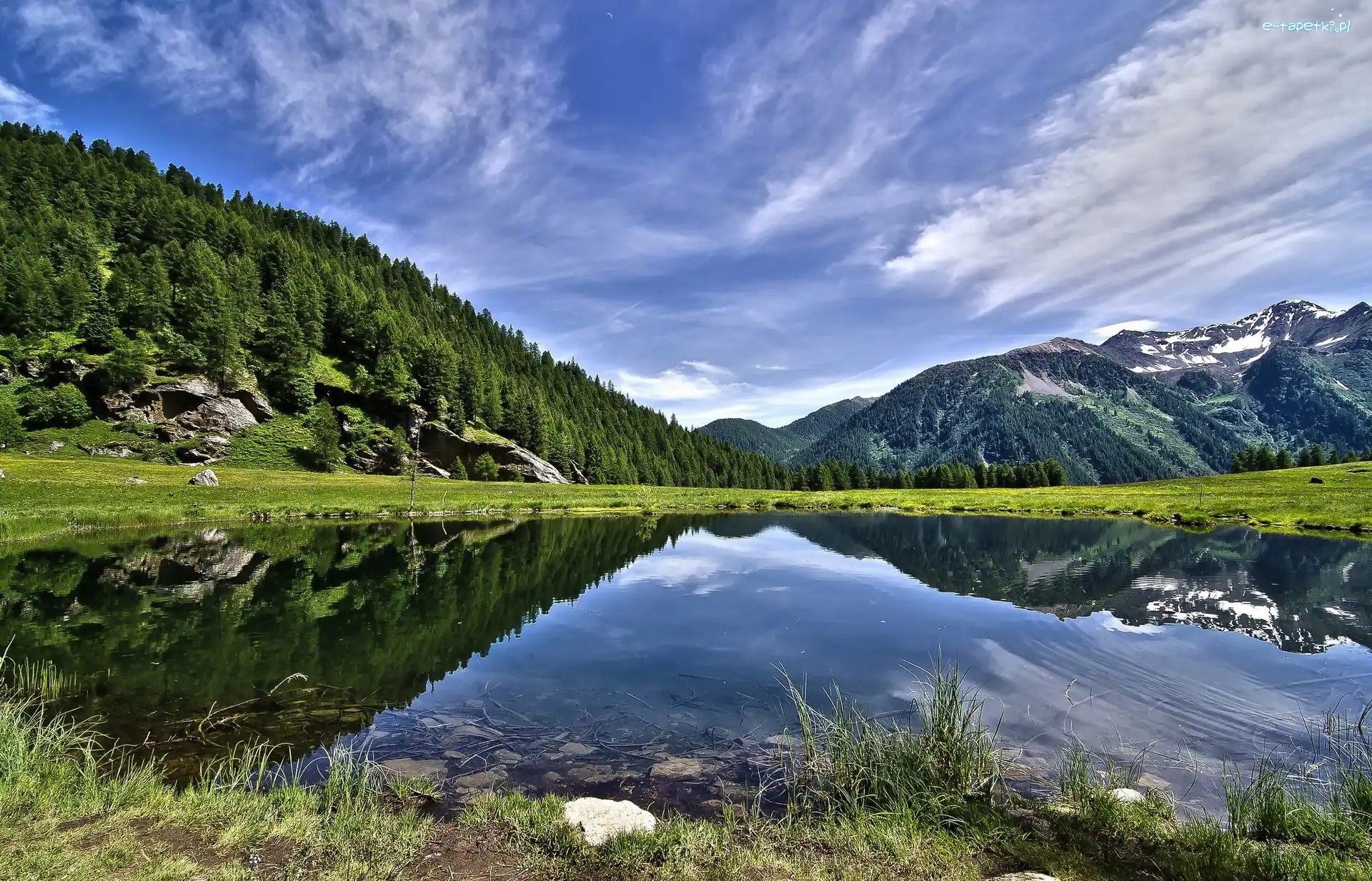 Góry, Drzewa, Jezioro, Wzgórza