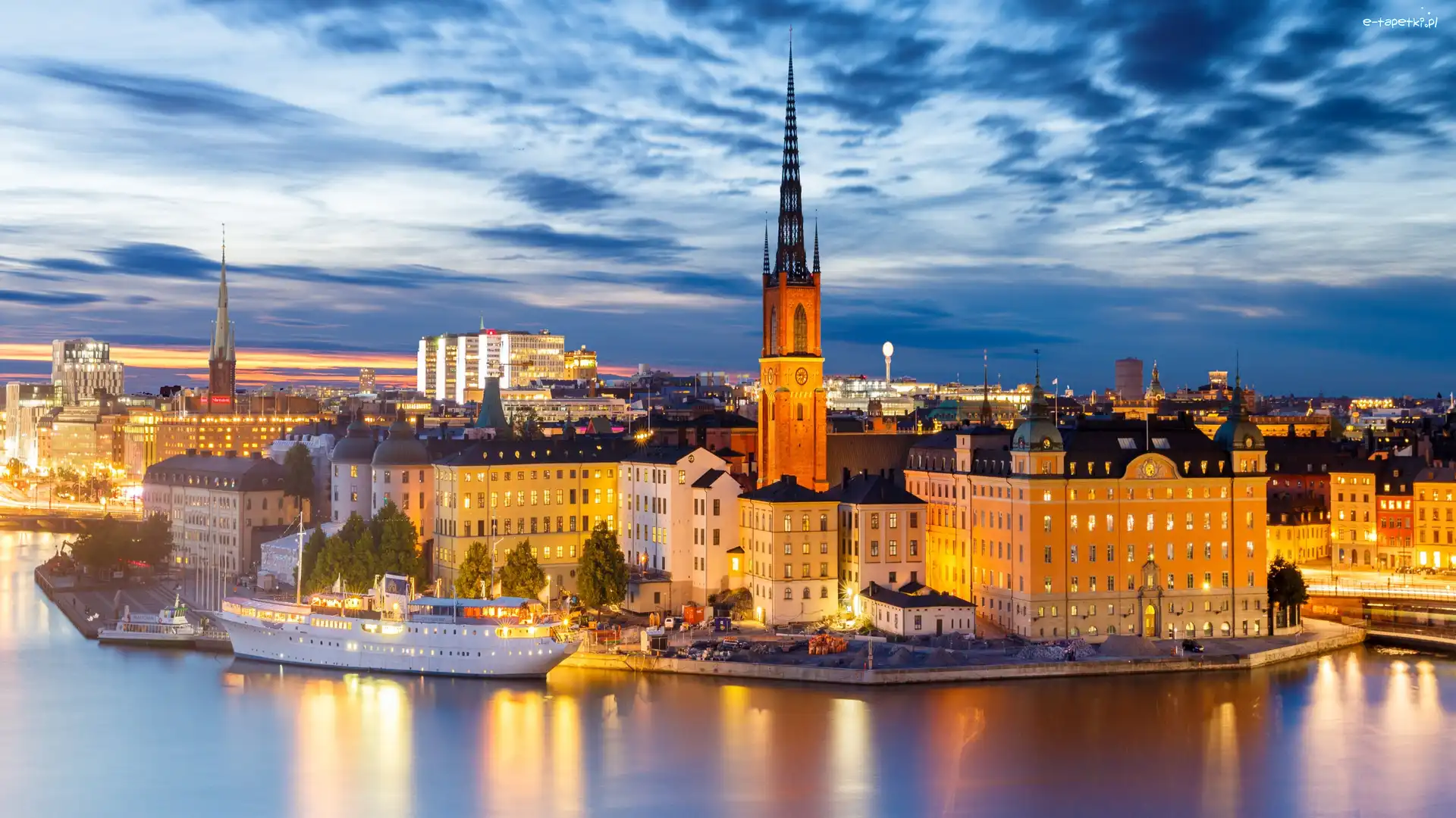 Zatoka Riddarfjärden, Sztokholm, Statek, Kościół, Wyspa Riddarholmen, Zmierzch, Budynki, Szwecja