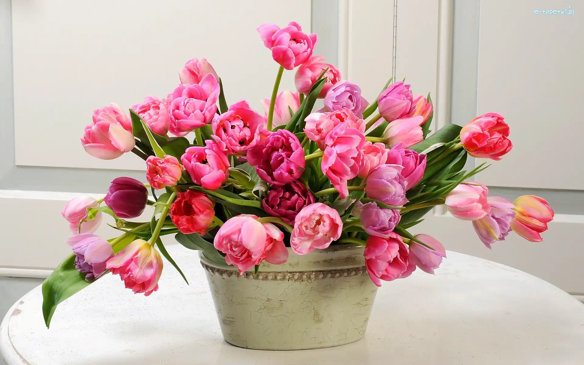 Kwiaty, Tulipany, Bukiet, Donica, Kolorowe