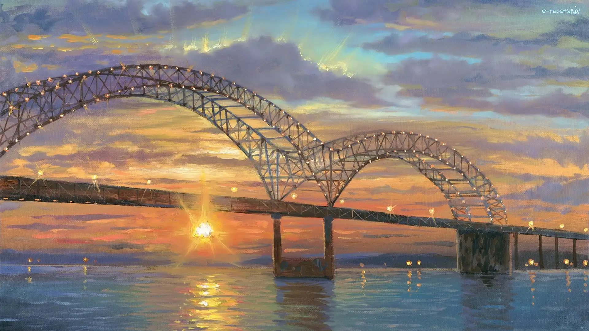 Most Hernando de Soto Bridge, Stan Tennessee, Wschód słońca, Robert Finale, Memphis, Rzeka Missisipi, Malarstwo, Stany Zjednoczone