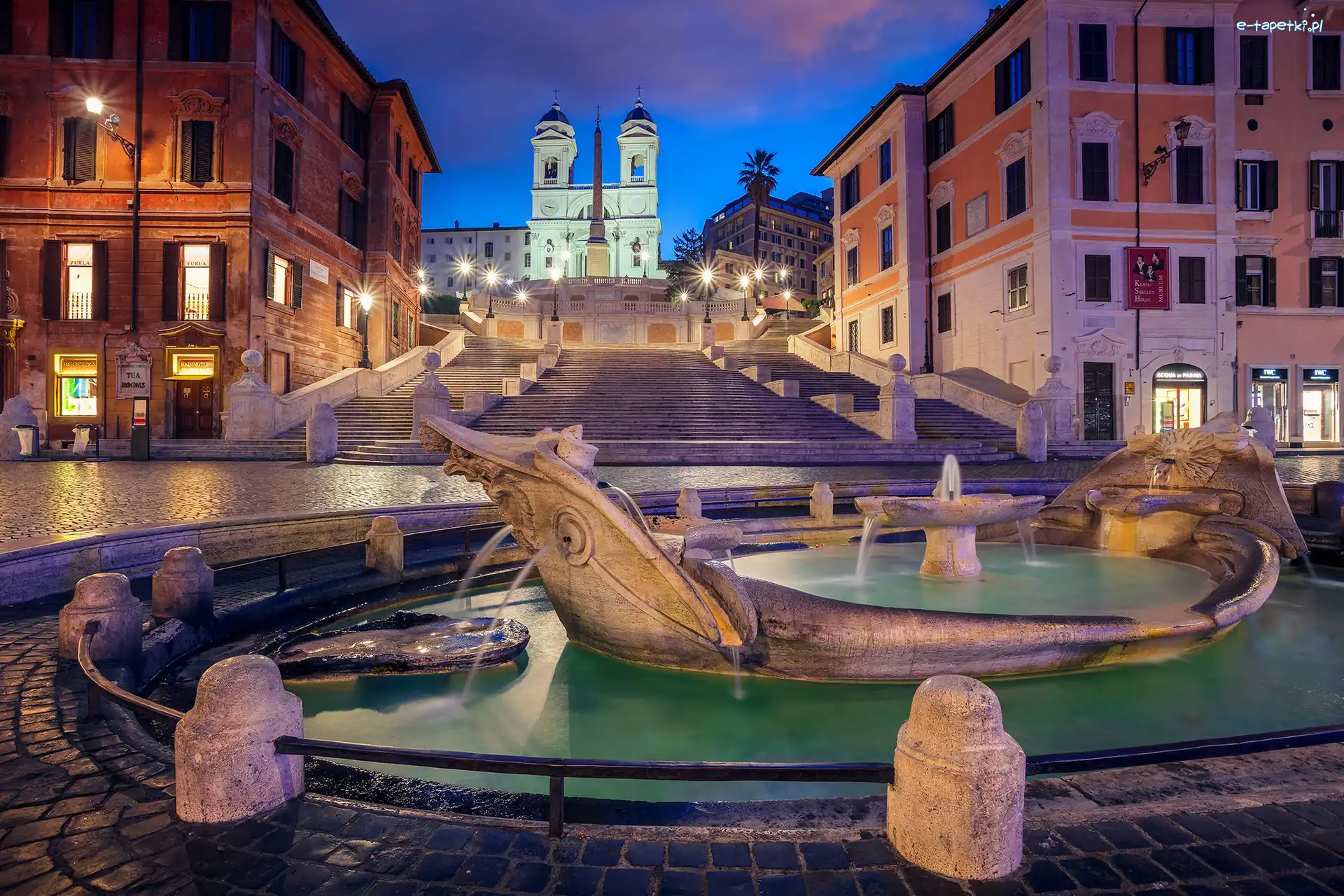 Światła, Plac Piazza di Spagna - Plac Hiszpański, Schody Hiszpańskie, Rzym, Włochy, Noc, Fontana della Barcaccia