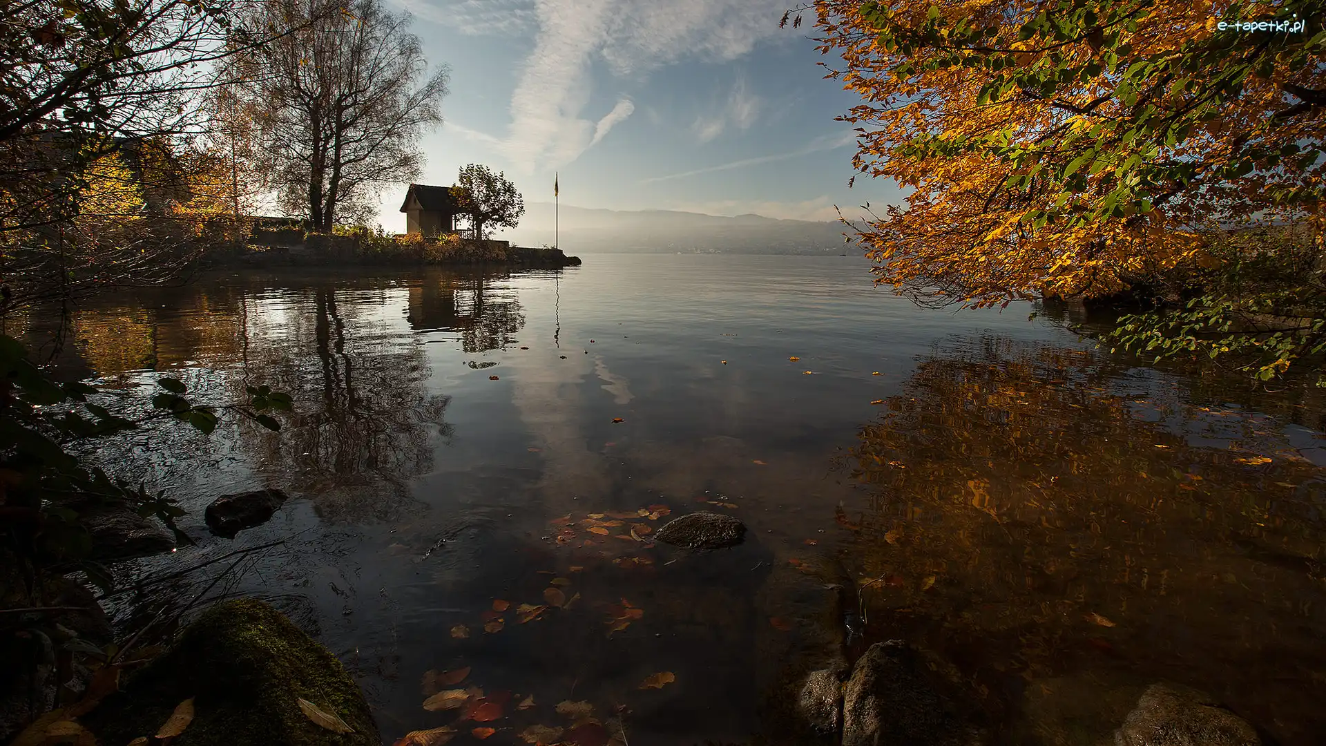 Szwajcaria, Jesień, Jezioro Zuryskie -Zürichsee, Altanka, Drzewa