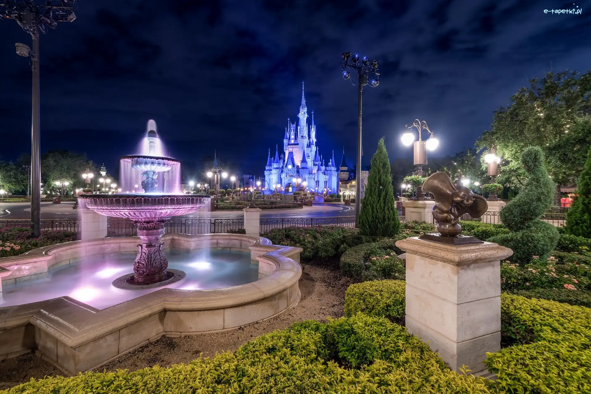 Walt Disney World Resort, Stan Floryda, Noc, Światła, Miasto Bay Lake, Fontanna, Disneyland, Stany Zjednoczone