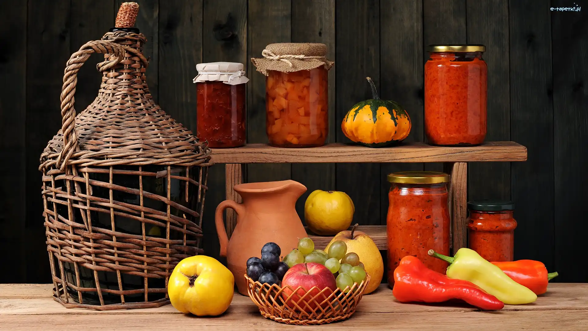 Przetwory, Papryczki, Jabłka, Winogrona, Owoce, Wino, Butla, Warzywa, Półka