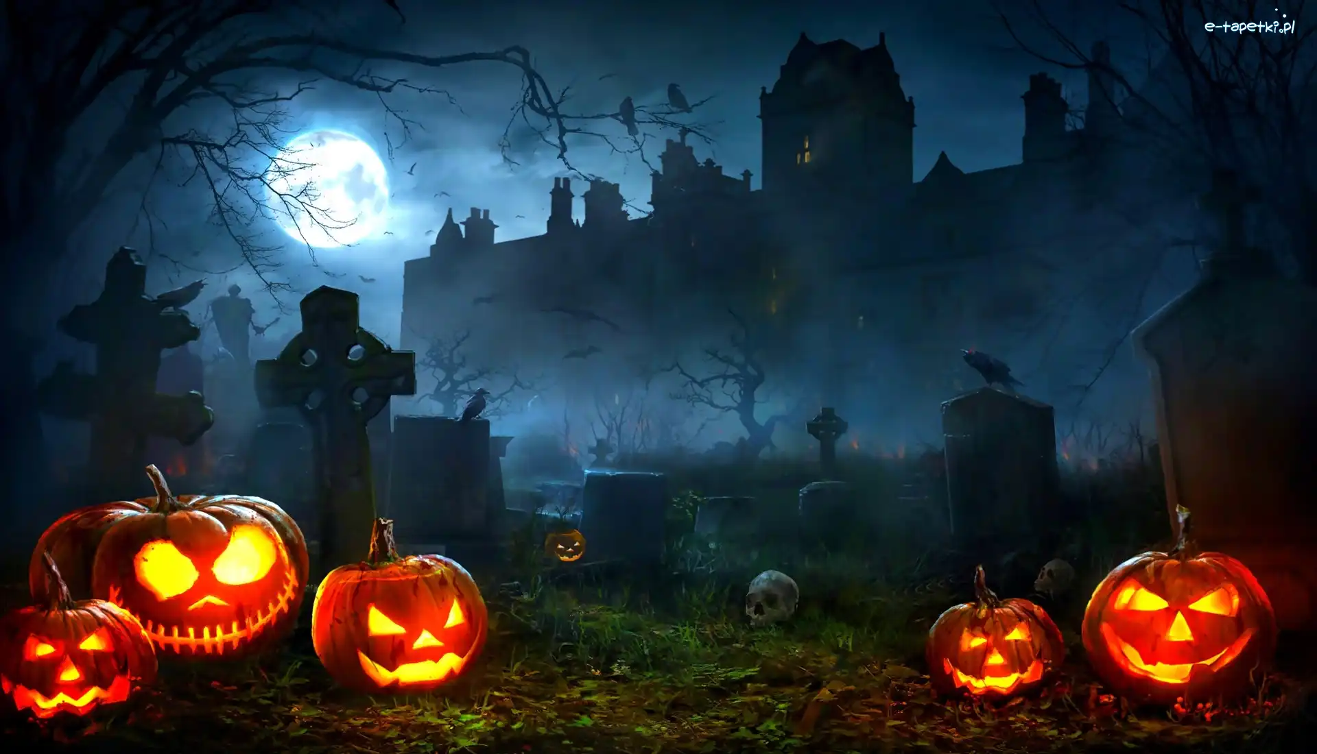 Księżyc, Dynie, Mgła, Cmentarz, Halloween, Noc, Zamek