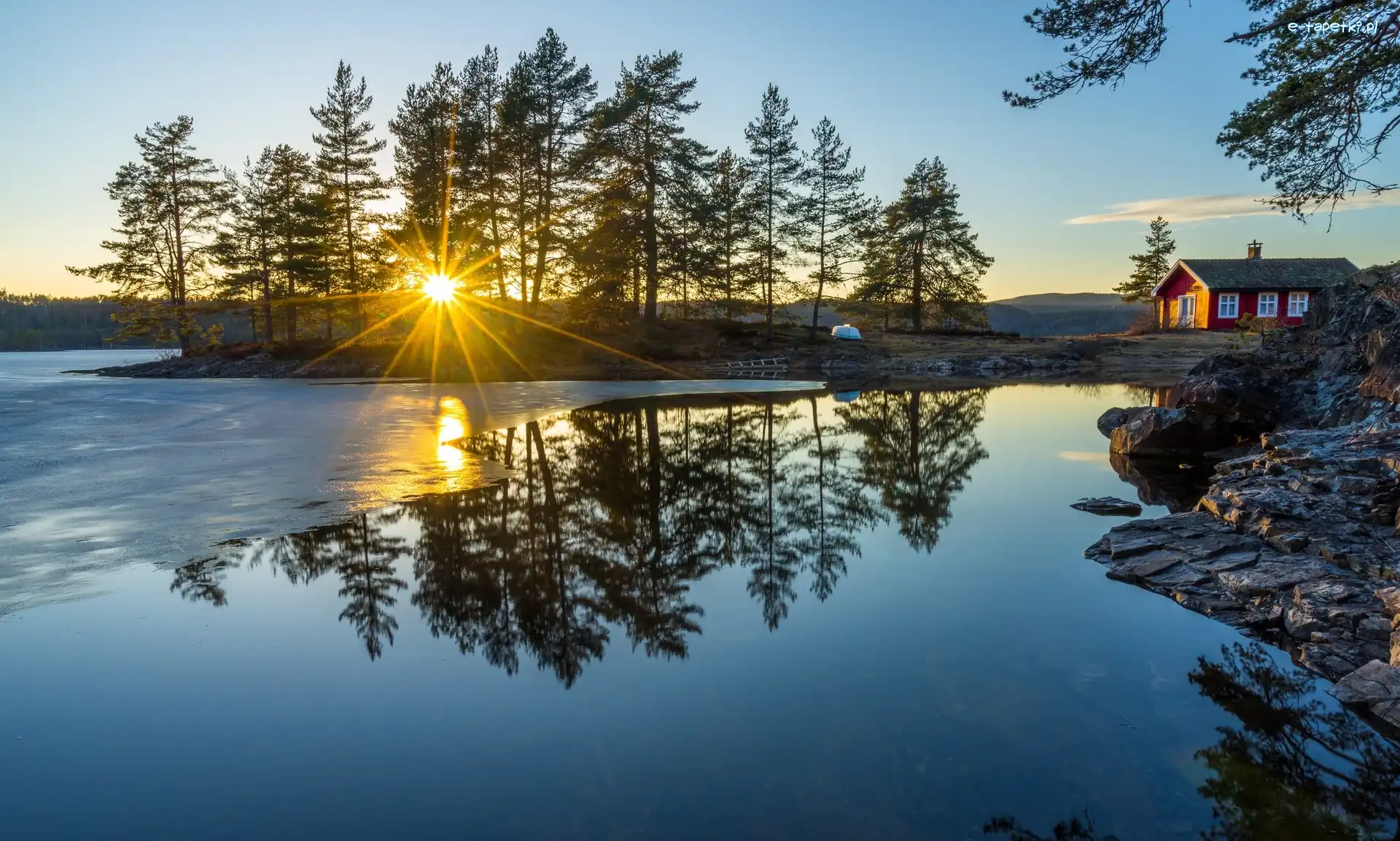 Drzewa, Jezioro Vaeleren, Dom, Promienie słońca, Ringerike, Norwegia