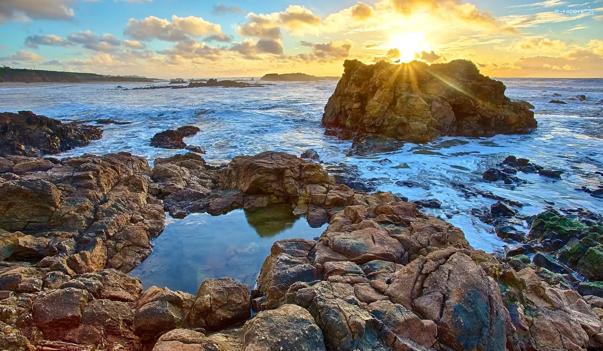 Promienie słońca, Plaża stanowa Pescadero - Pescadero State Beach, Zachód Słońca, Kalifornia, Stany Zjednoczone, Skały, Morze