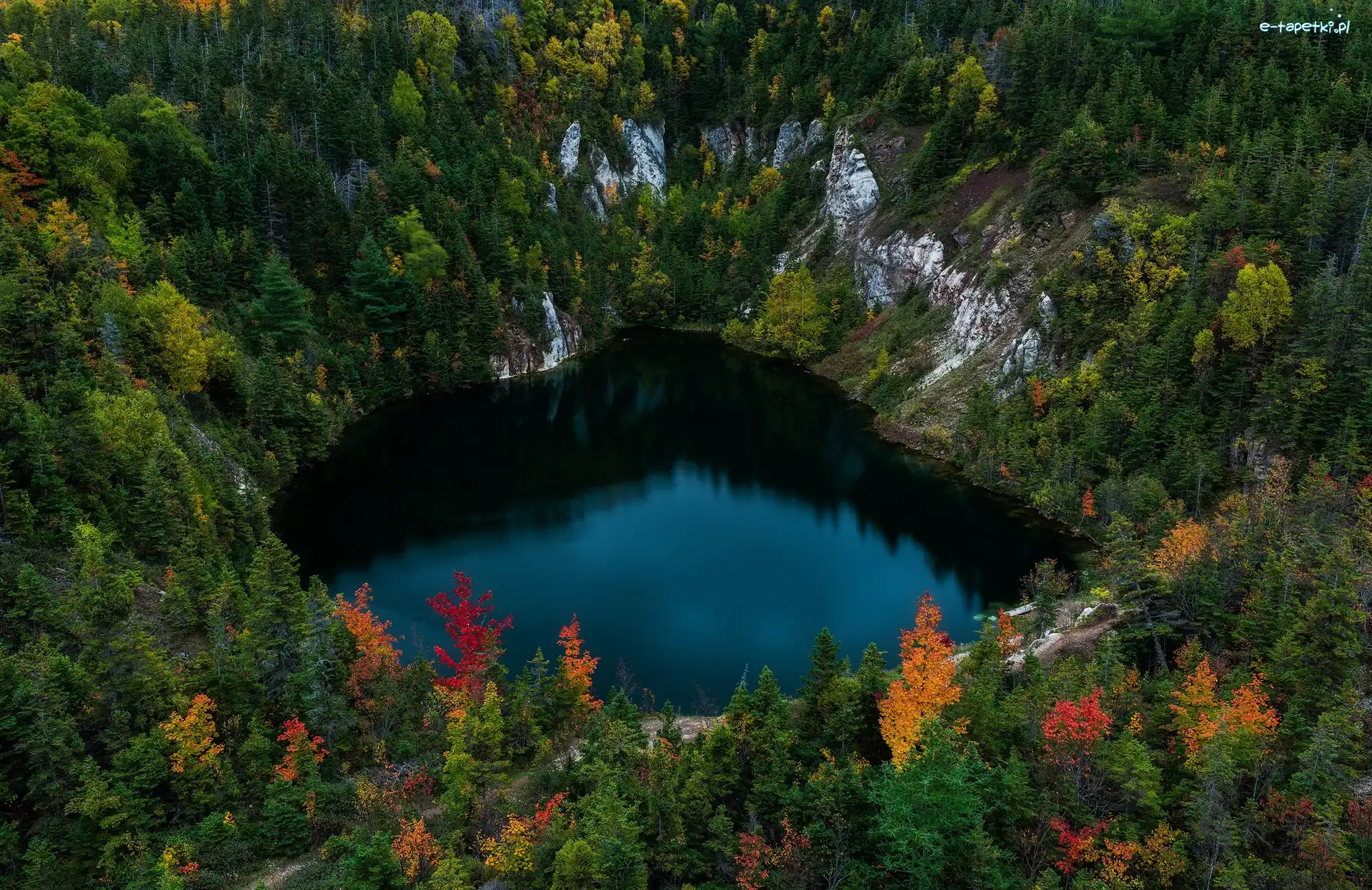 Kanada, Lasy, Jesień, Gypsum Mine Lake, Jezioro, Nowa Szkocja, Skały