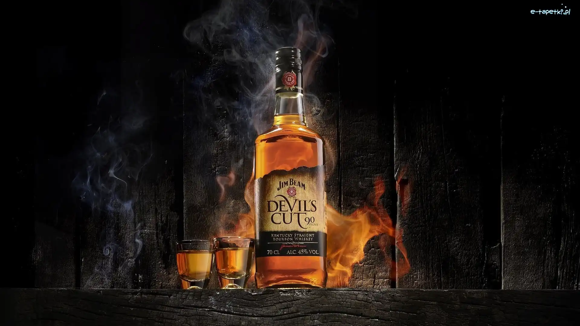 Deski, Jim Beam Bourbon Devils Cut 90, Kieliszki, Dym, Whisky, Butelka