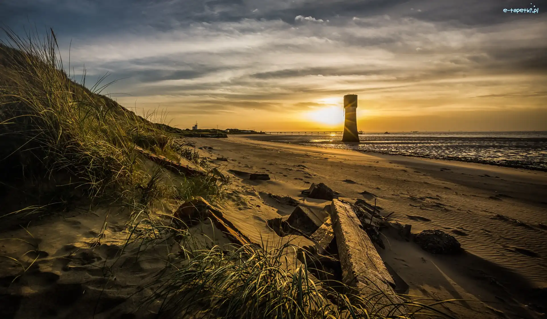 Wschód słońca, Budowla, Morze, Plaża