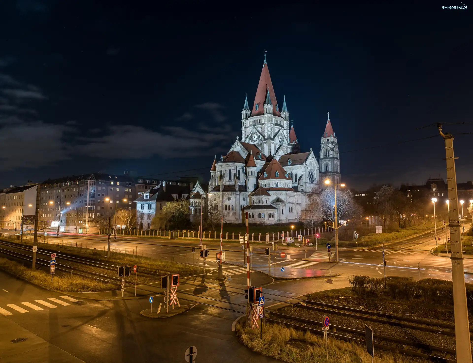 Plac Meksykański - Mexikoplatz, Wiedeń, Noc, Droga, Dzielnica Leopoldstadt, Kościół św. Franciszka z Asyżu, Domy, Austria