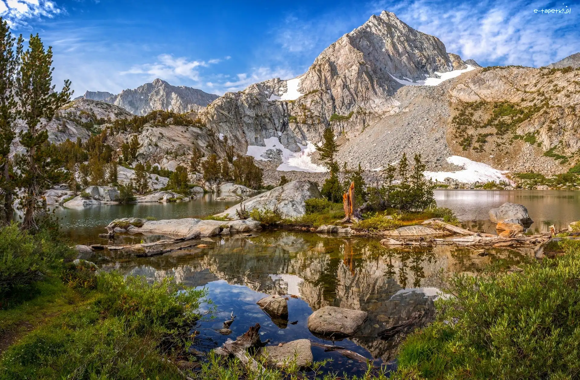 Drzewa, Rezerwat przyrody Wilderness John Muir, Góry Sierra Nevada, Kalifornia, Stany Zjednoczone, Kamienie, Jezioro