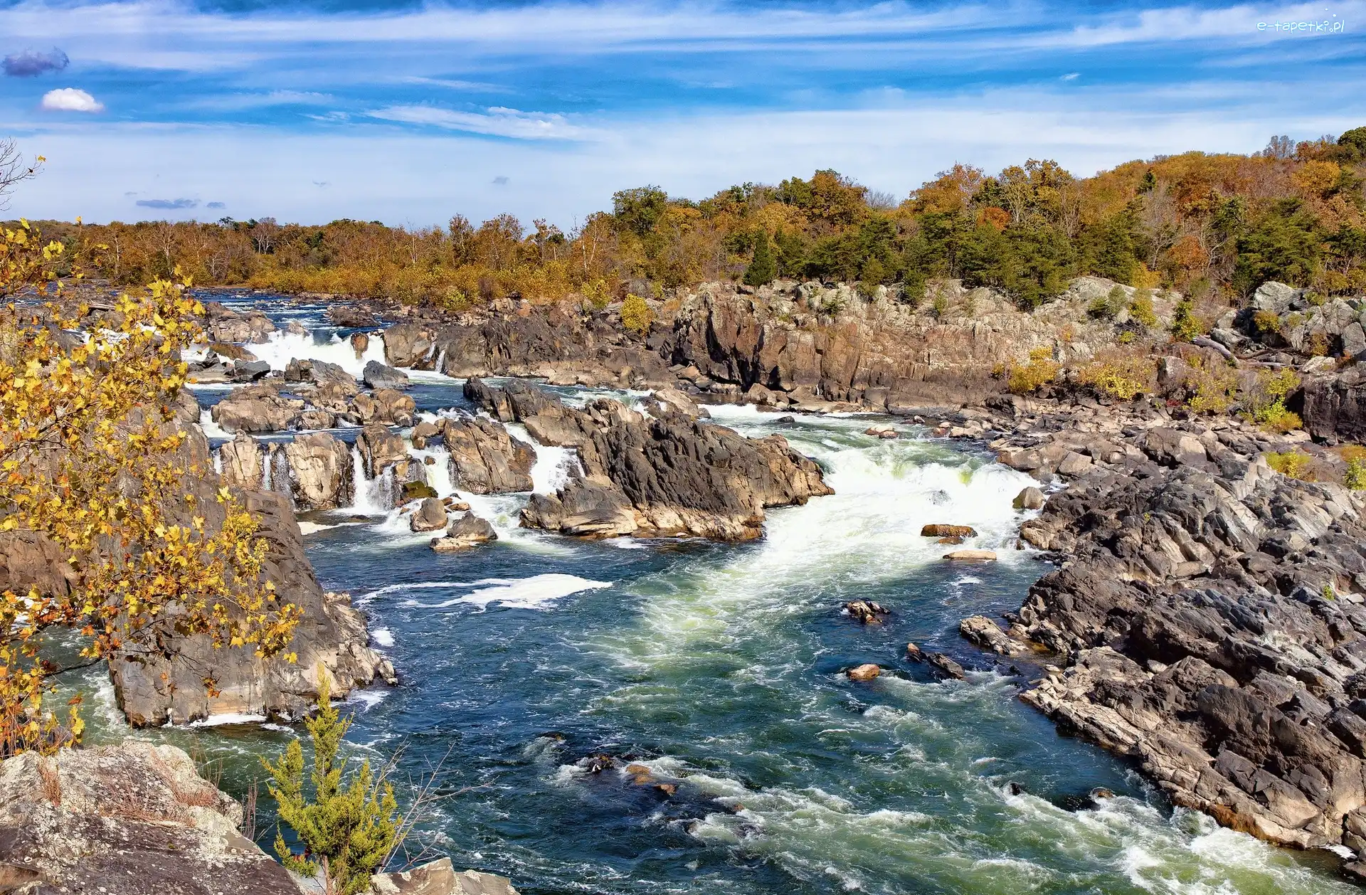 Jesień, Wodospady Great Falls, Rzeka Potomak, Skały, Stan Maryland, Stany Zjednoczone