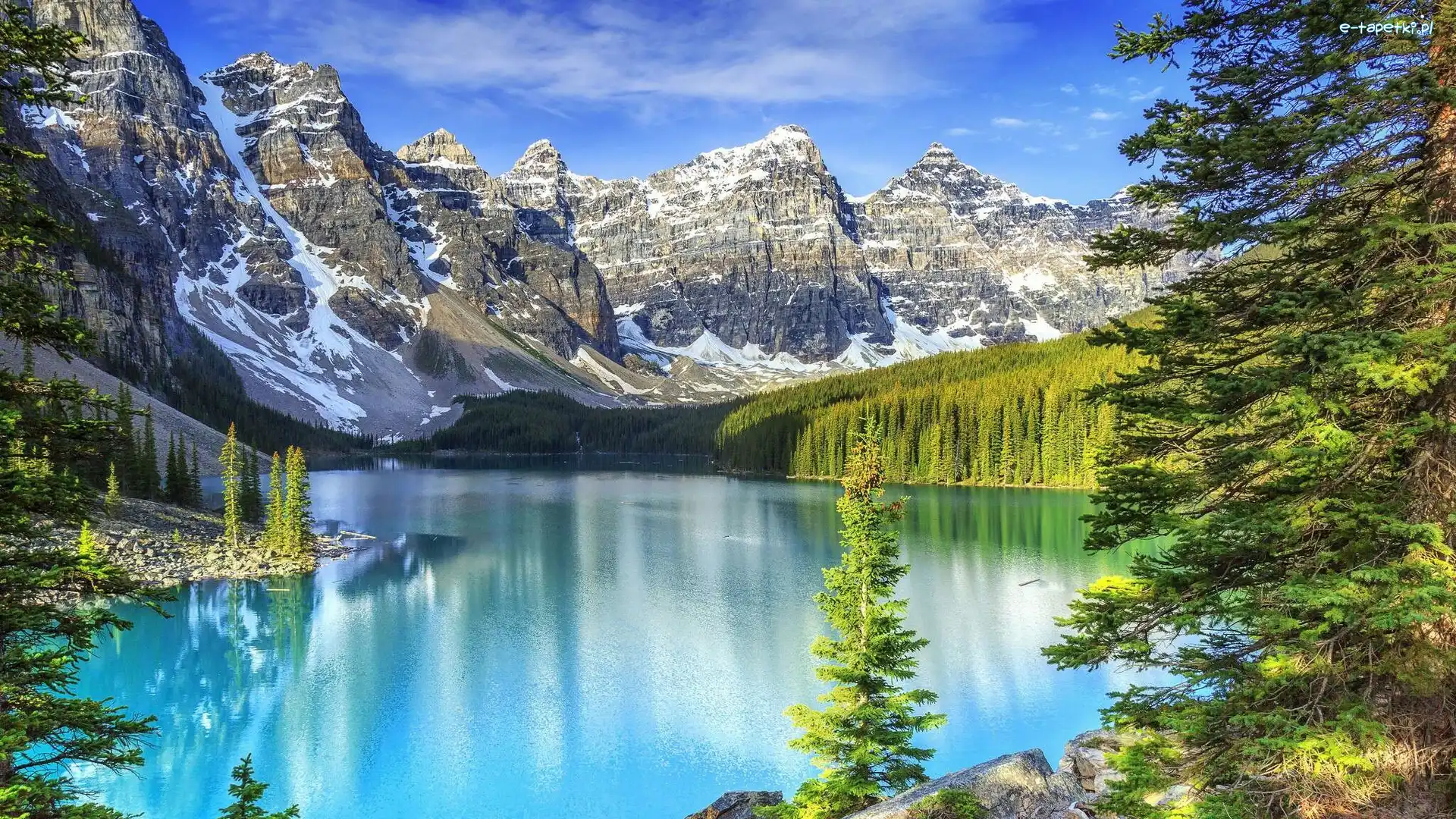 Dolina Valley of the Ten Peaks, Prowincja Alberta, Drzewa, Góry, Park Narodowy Banff, Dolina Dziesięciu Szczytów, Jezioro Moraine Lake, Kanada