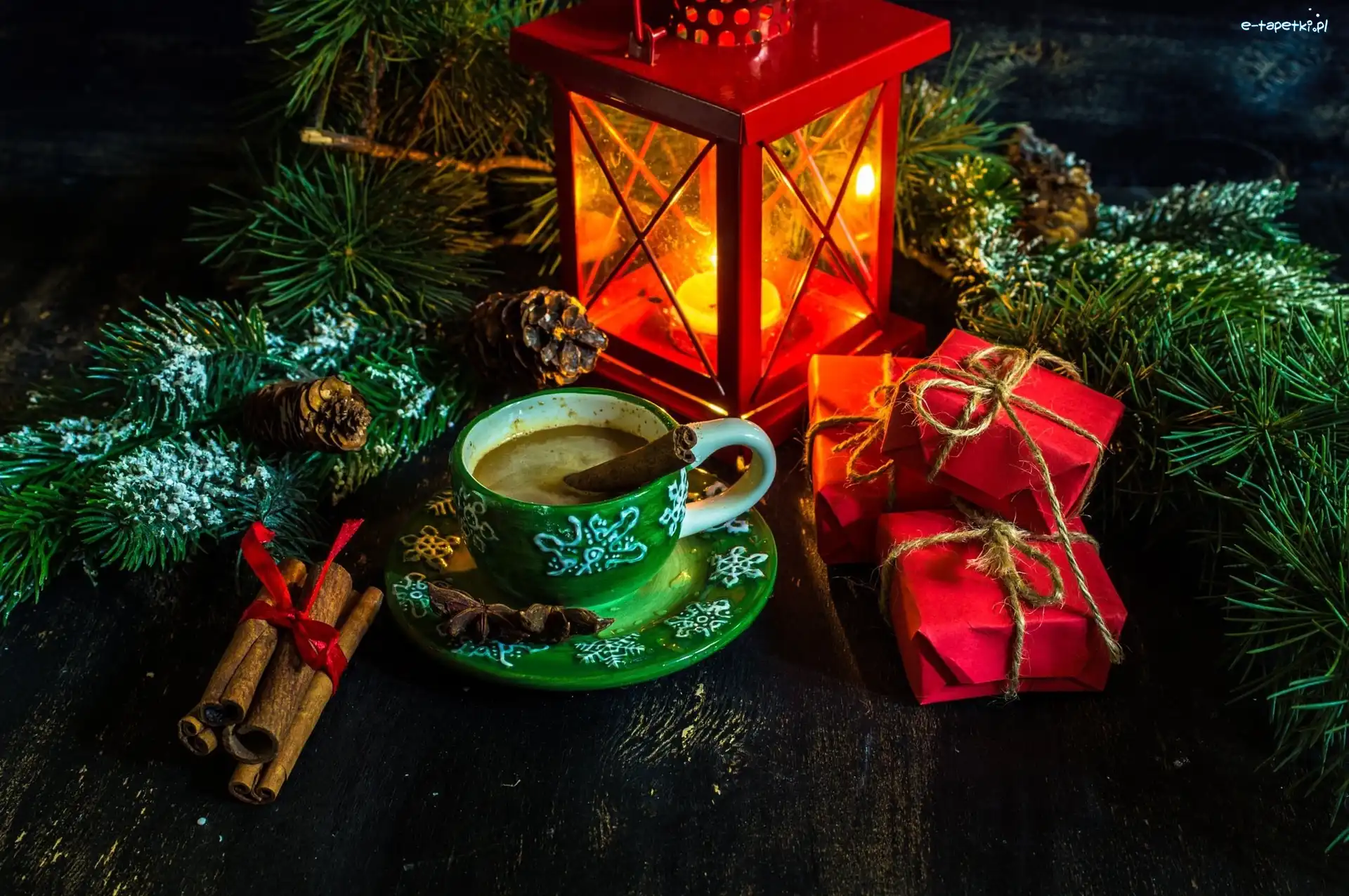 Prezenty, Szyszki, Gałęzie, Świąteczna, Kompozycja, Cynamon Lampion, Kawa, Sosny, Filiżanka