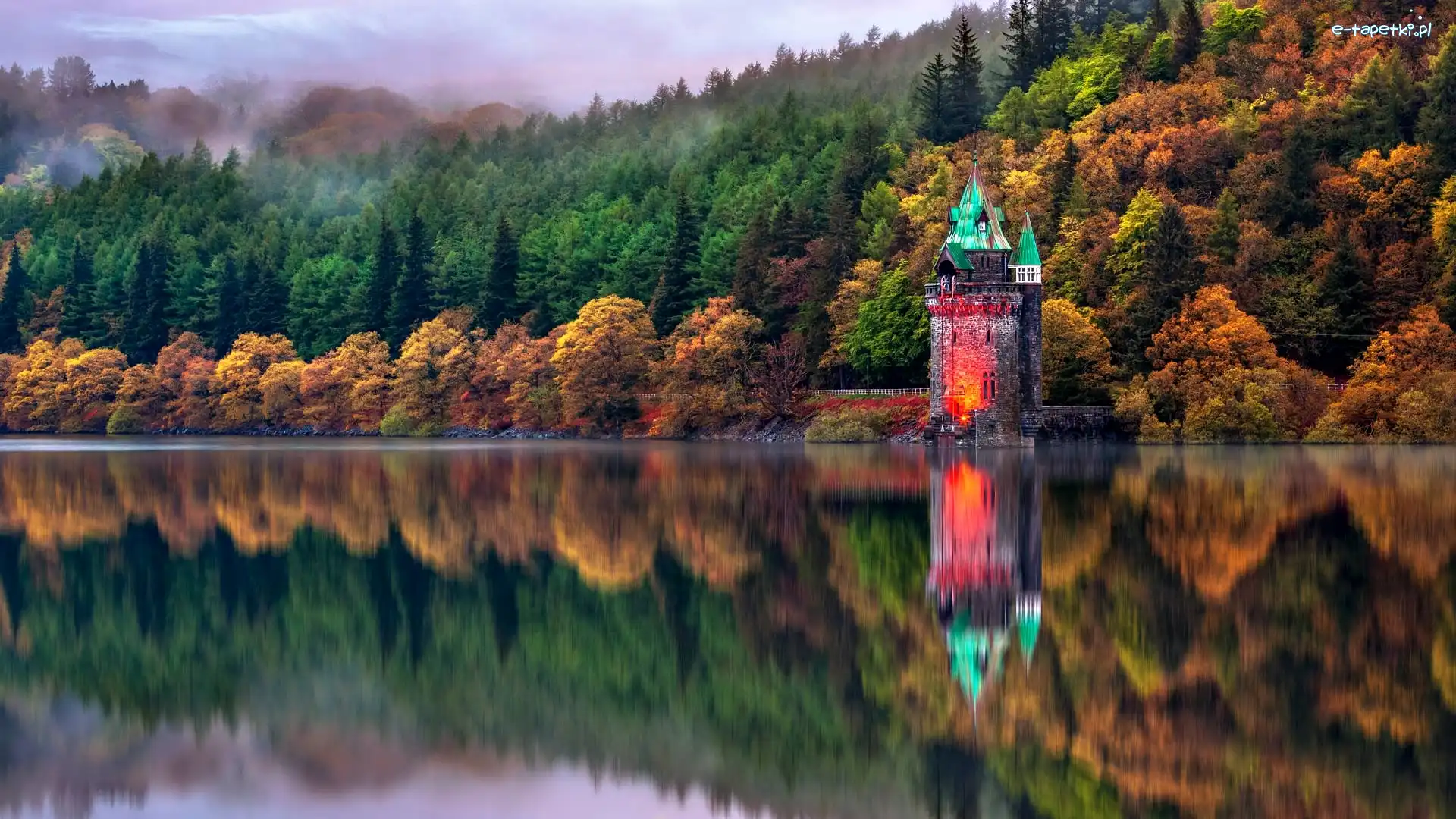 Budowla, Hrabstwo Powys, Lass, Drzewa, Jezioro Lake Vyrnwy, Wieża ciśnień, Jesień, Walia