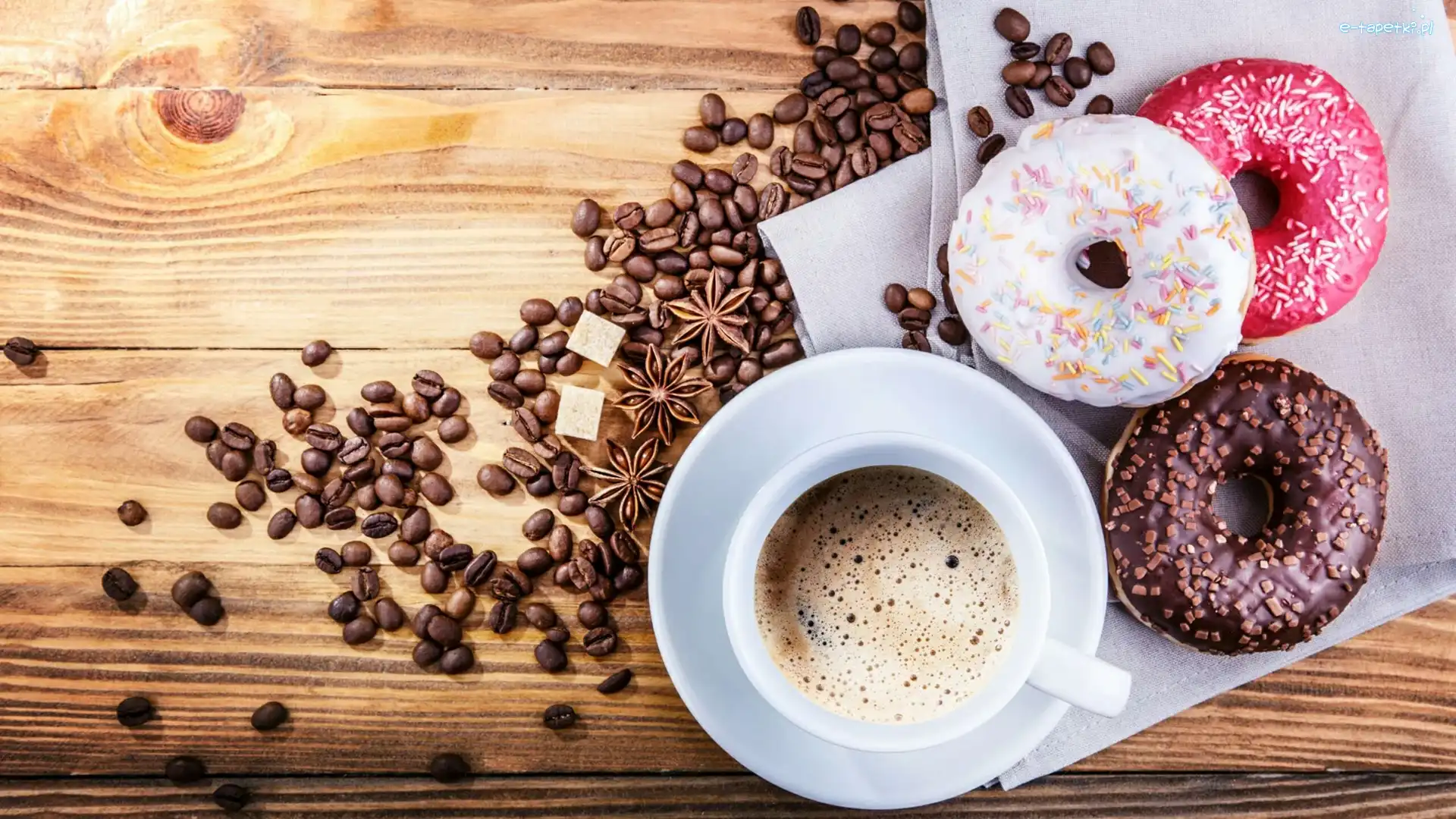 Ziarna, Kawa, Filiżanka, Deski, Donuty, Pączki