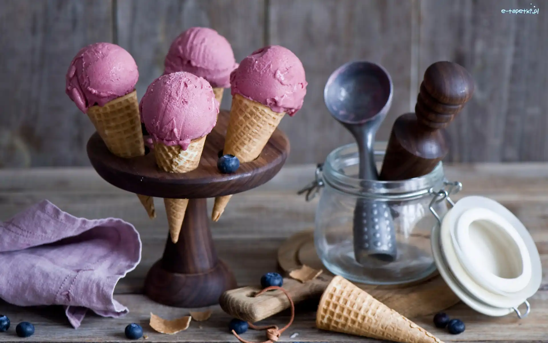 Serweta, Borówki, Wafle, Lody, Kompozycja, Słoik, Łyżka
