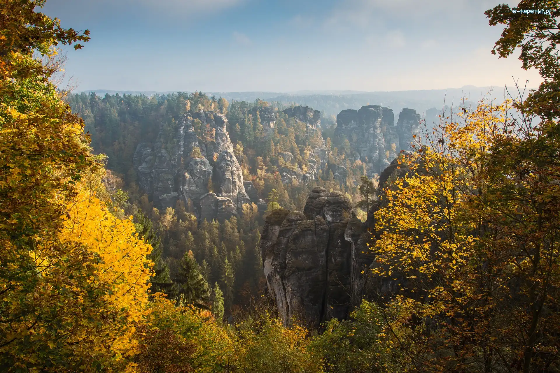 Drzewa, Park Narodowy Saskiej Szwajcarii, Formacja skalna Bastei, Jesień, Góry Połabskie, Niemcy