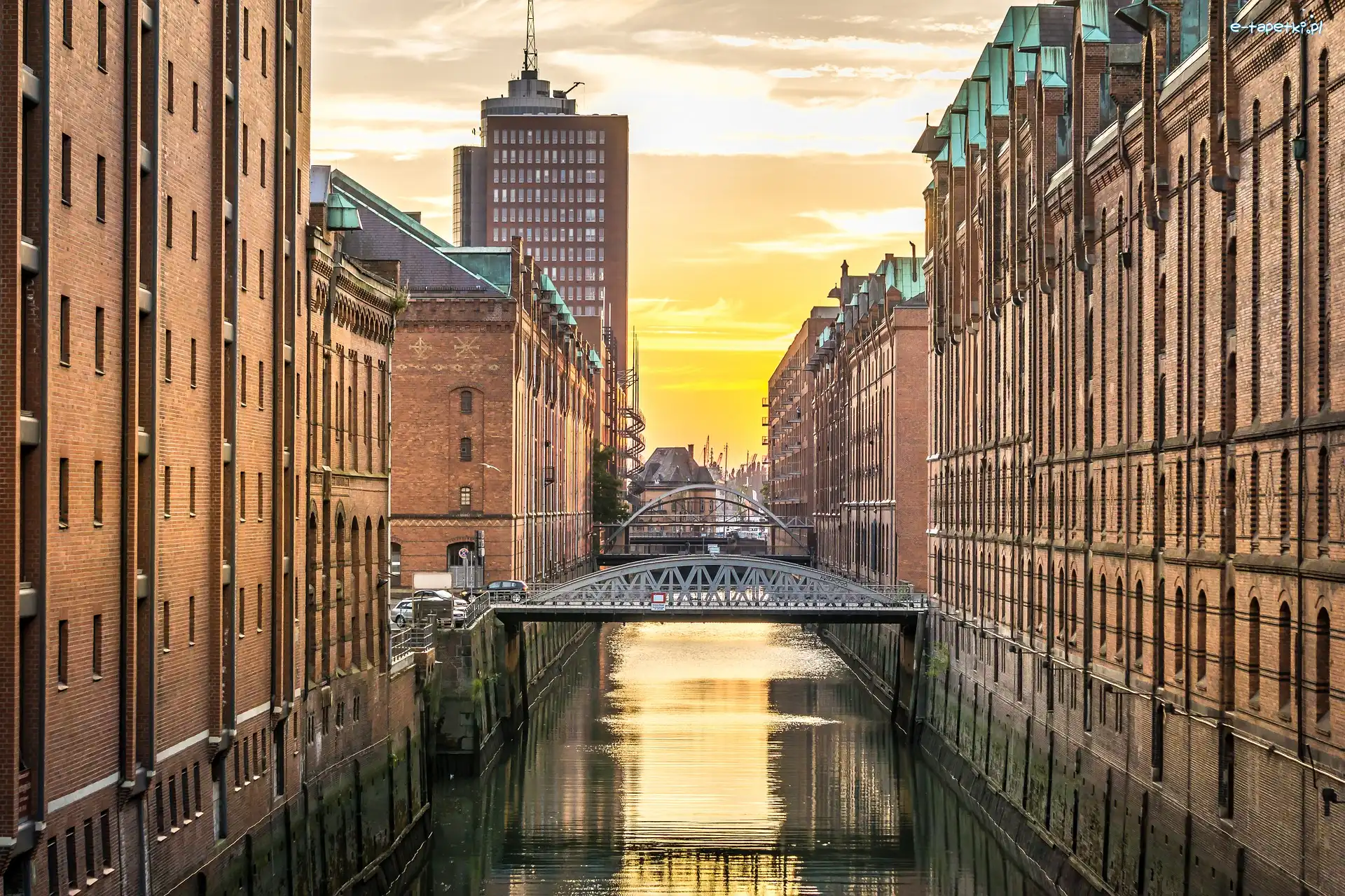 Most, Speicherstadt, Domy, Kanał, Hamburg, Niemcy