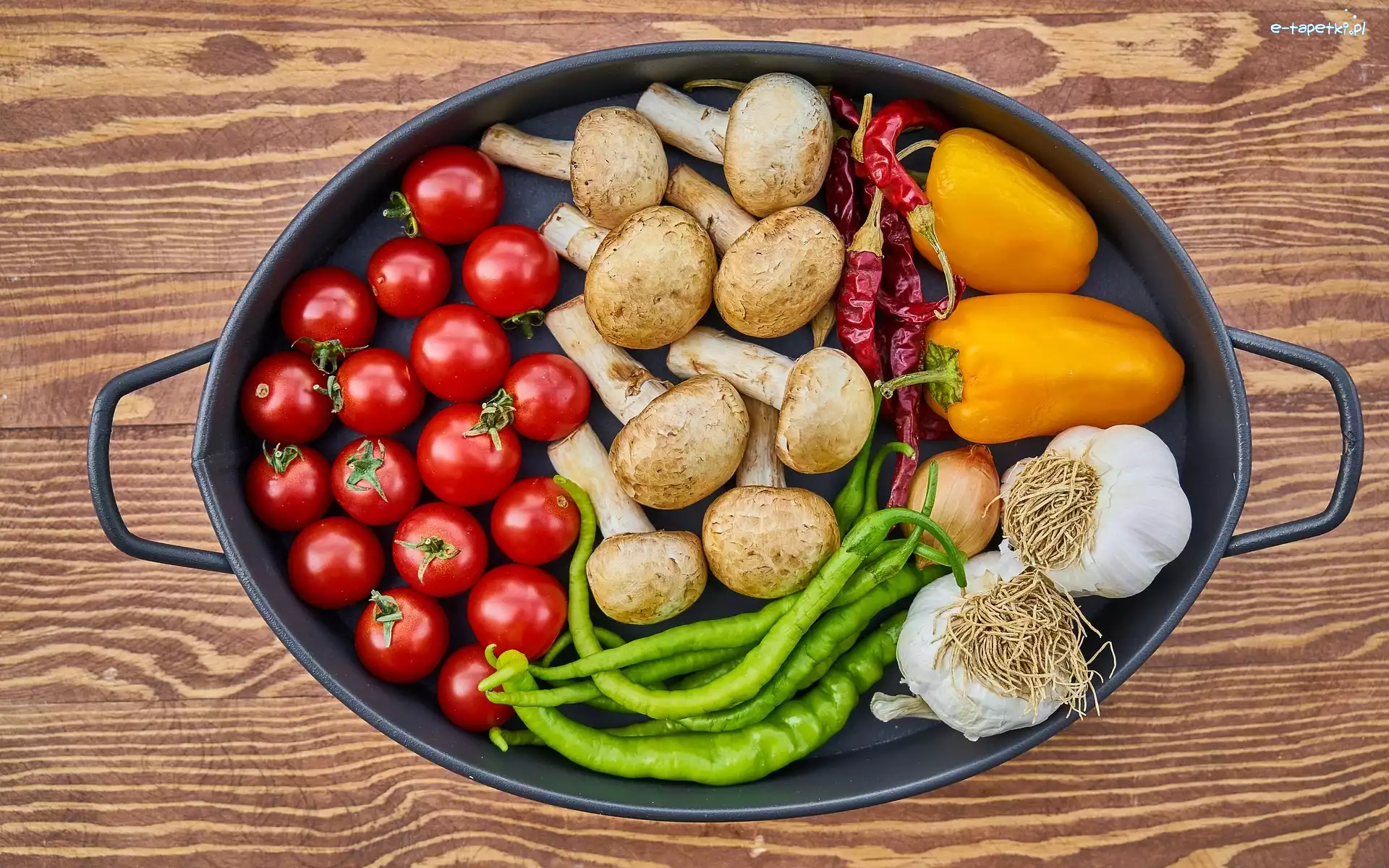 Pieczarki, Pomidorki, Papryka, Brytfanna, Warzywa, Czosnek, Chili