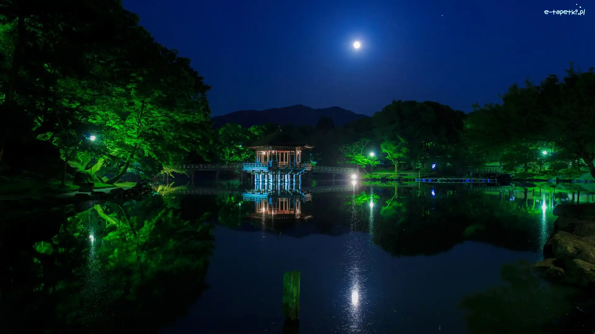 Noc, Wyspa Honsiu, Odbicie, Księżyc, Nara Park, Altana Ukimido Pavilion, Staw, Japonia, Miasto Nara, Drzewa